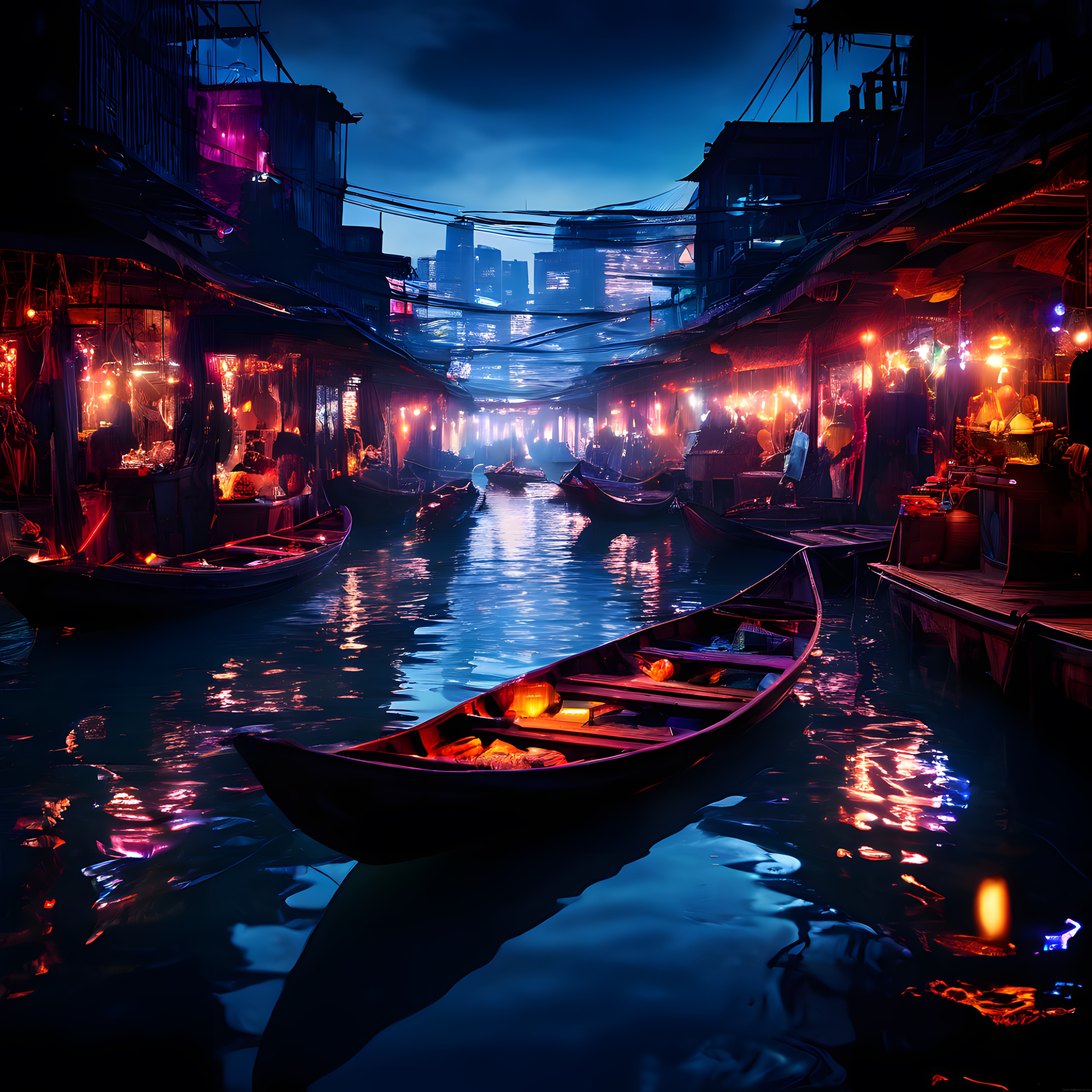 Gece Vakti Neon Işıklarla Aydınlanmış Asya Tarzı Su Çarşısı ve Tekne Manzarası