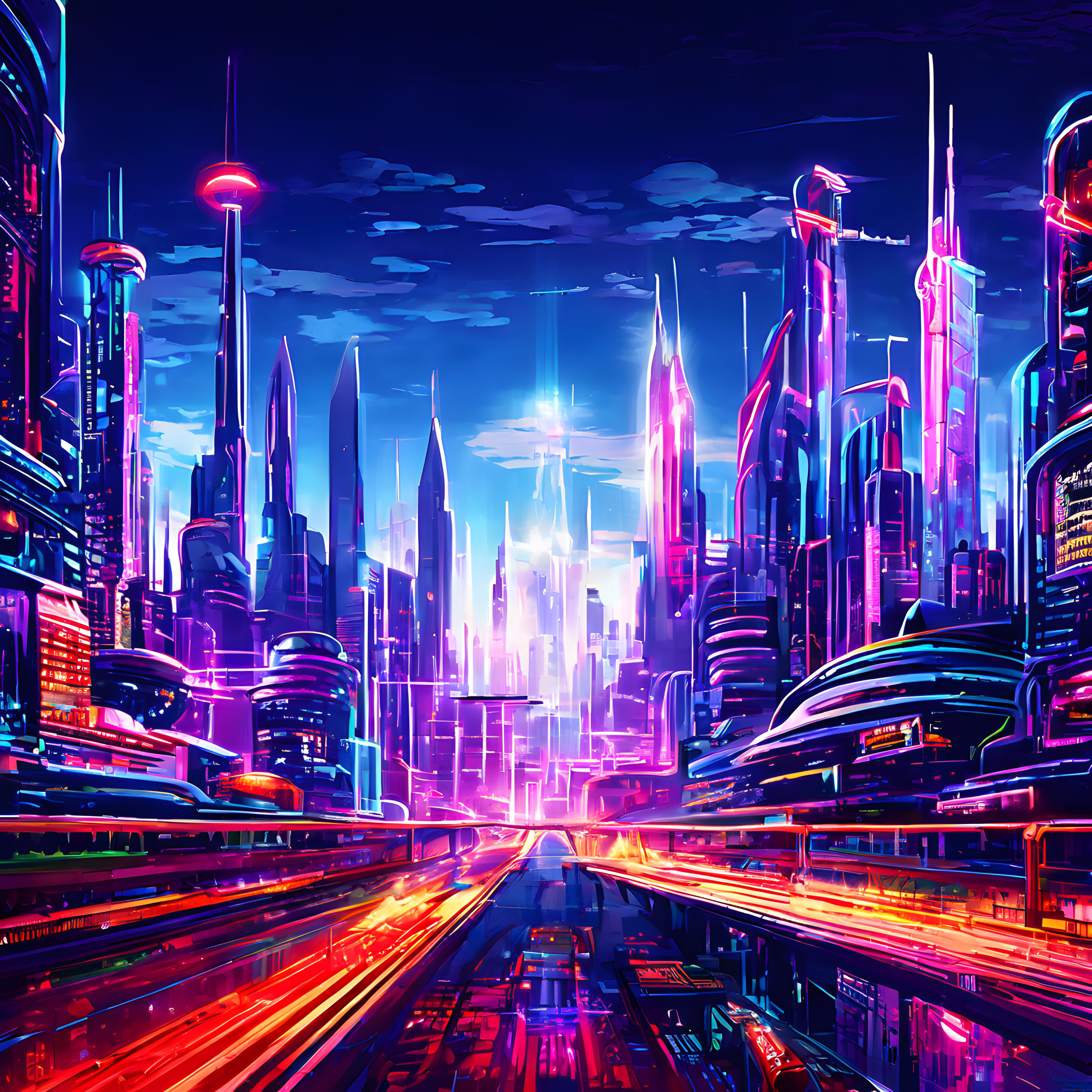 Gece Vakti Neon Işıklarla Aydınlanmış Cyberpunk Şehir Silueti