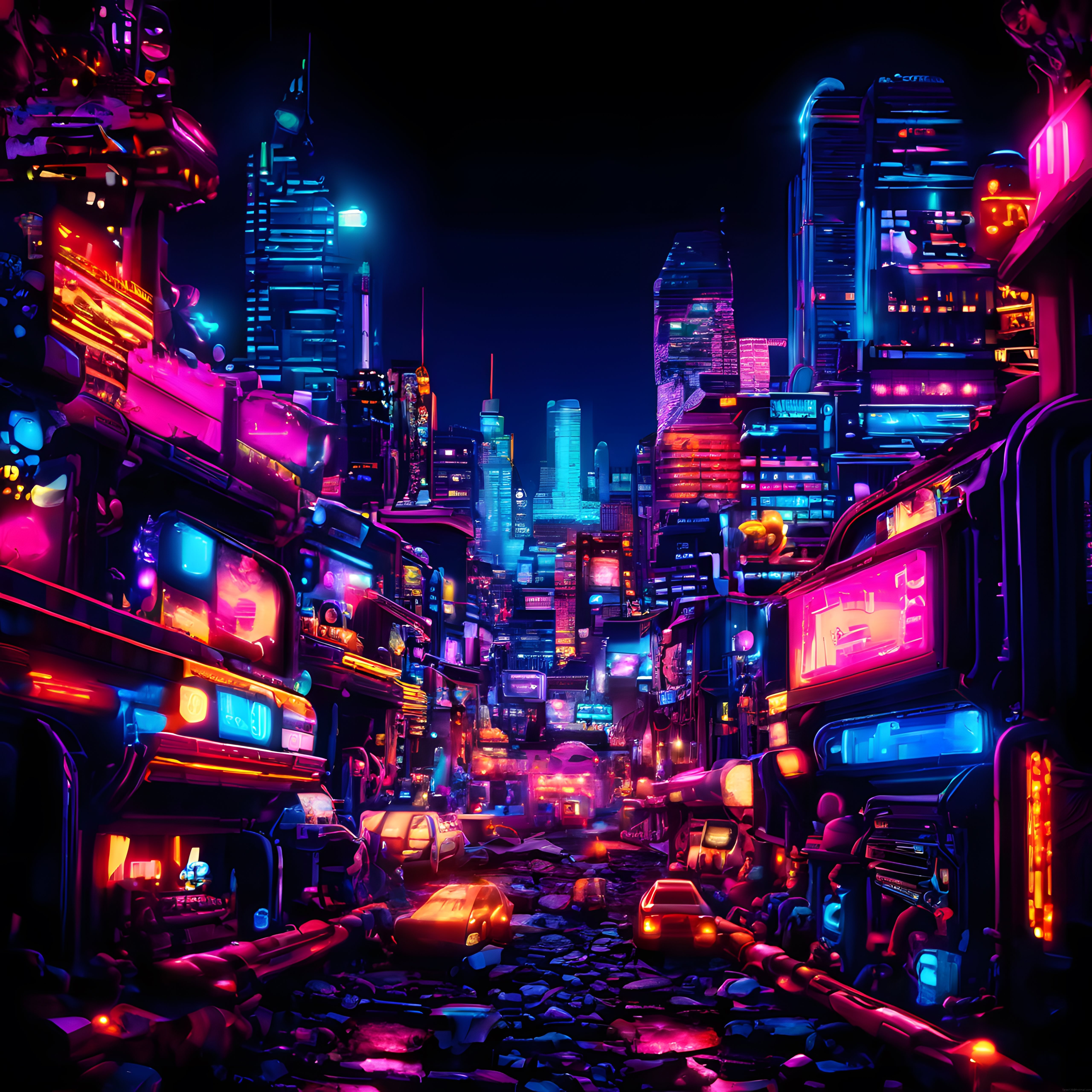 Gece Vakti Neon Işıklarla Parıldayan Cyberpunk Şehir Panoraması