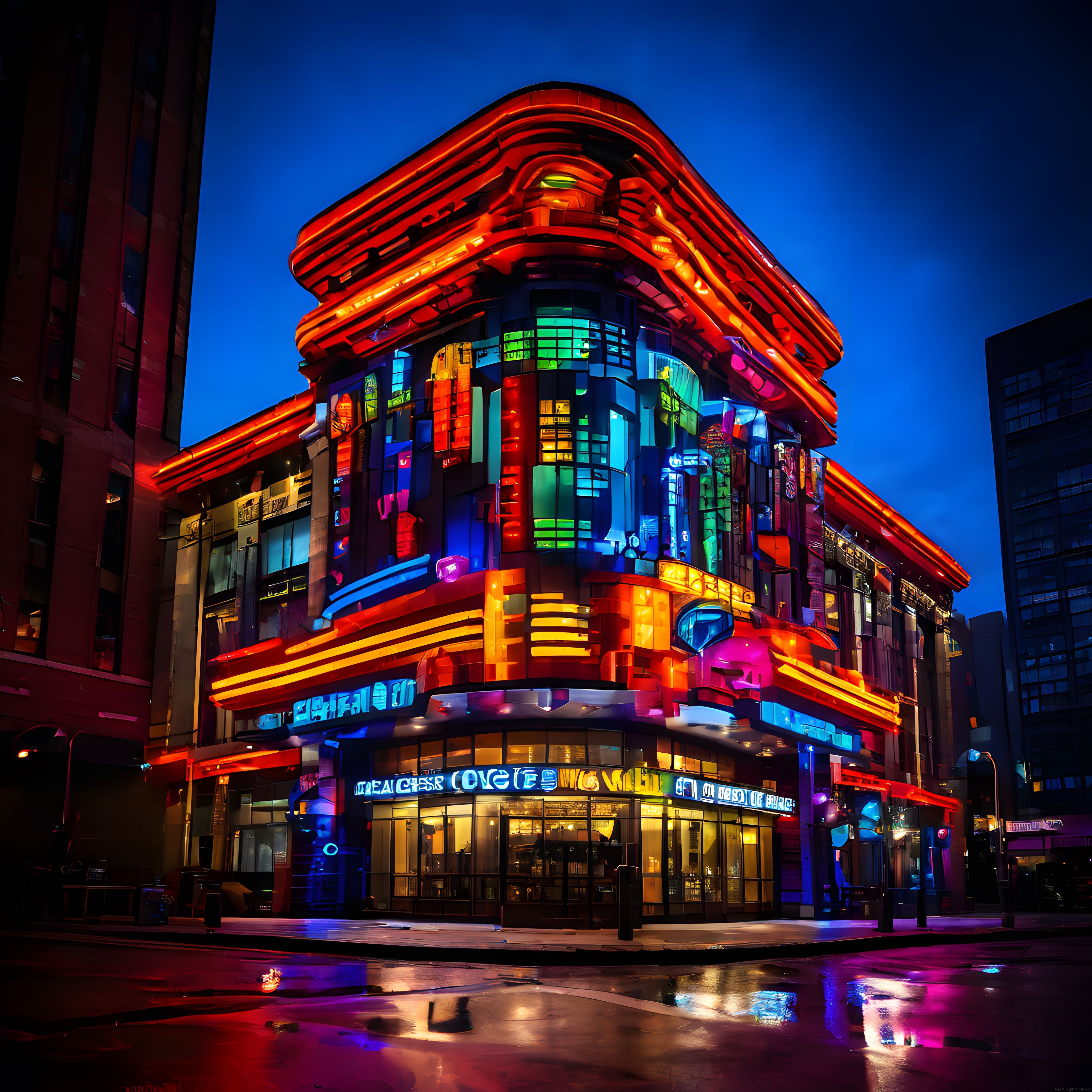 Gece Vakti Neon Işıklarla Süslü Retro Art Deco Bina ve Işık Yansımaları