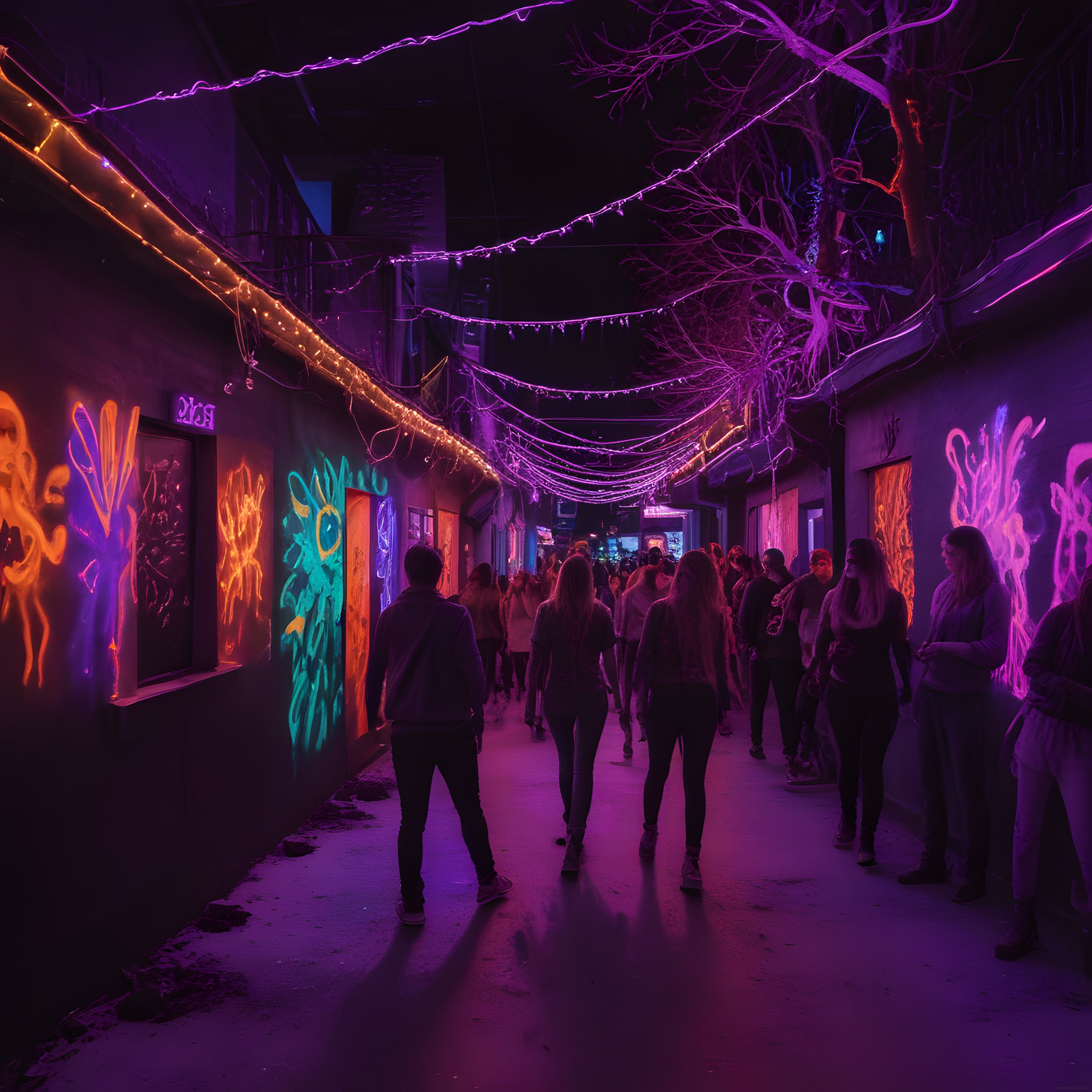 Gece Vakti Neon Işıklı Sokak Festivalinde Yürüyen Kalabalık ve UV Sanatı