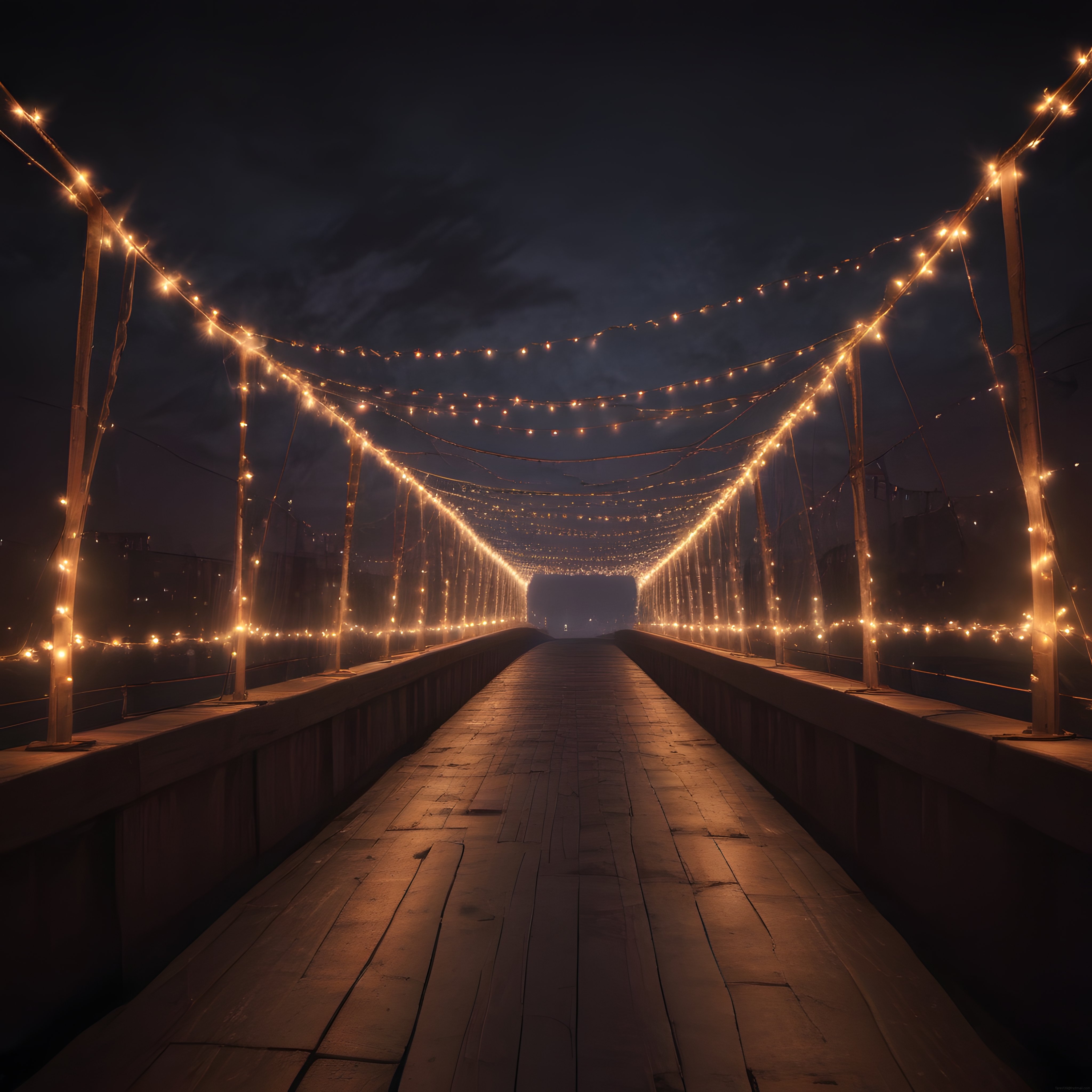 gece vakti peri ışıklarıyla süslenmiş ahşap köprüde romantik büyülü atmosfer