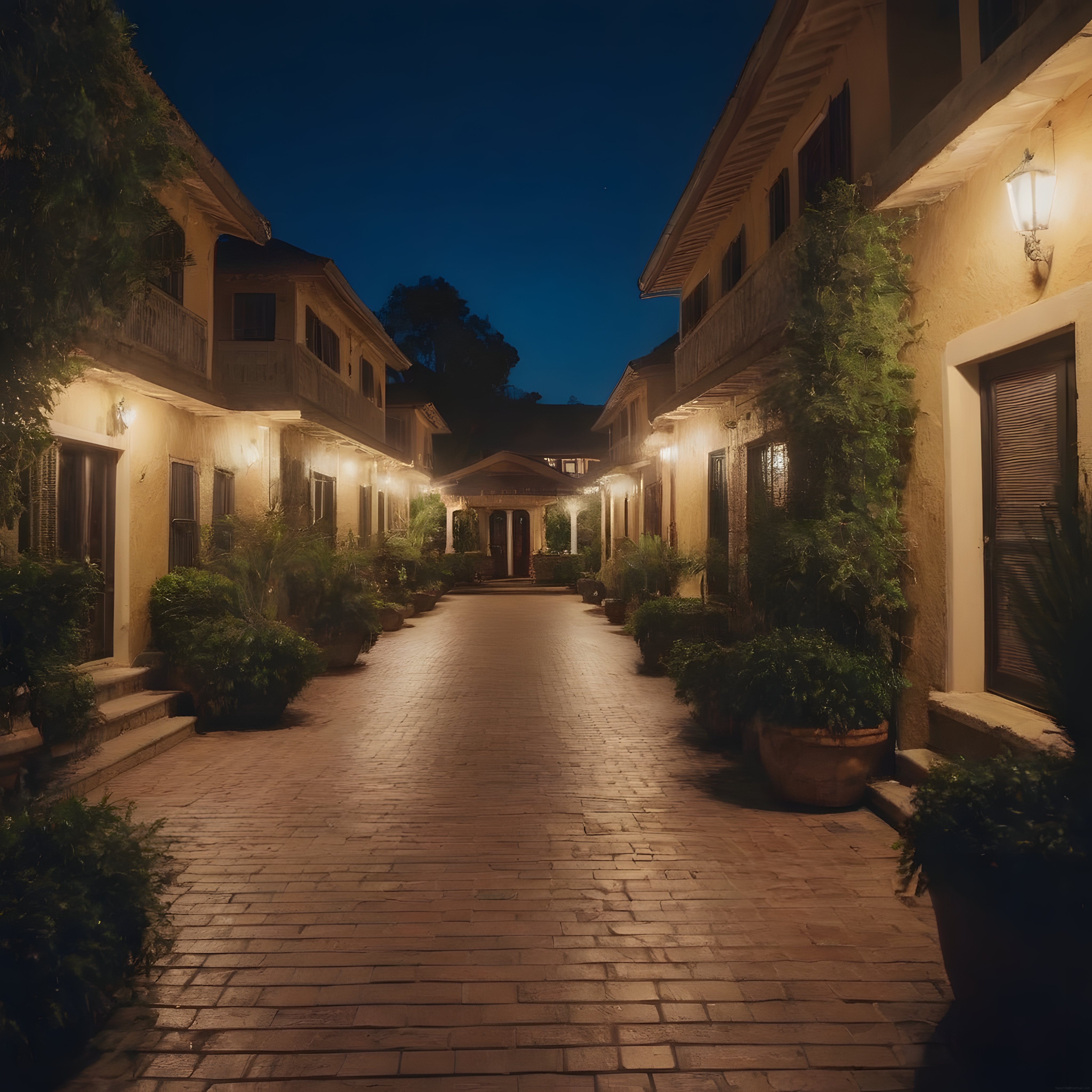 Gece vakti sıcak ışıklarla aydınlatılan taş döşeli otel avlusu manzarası