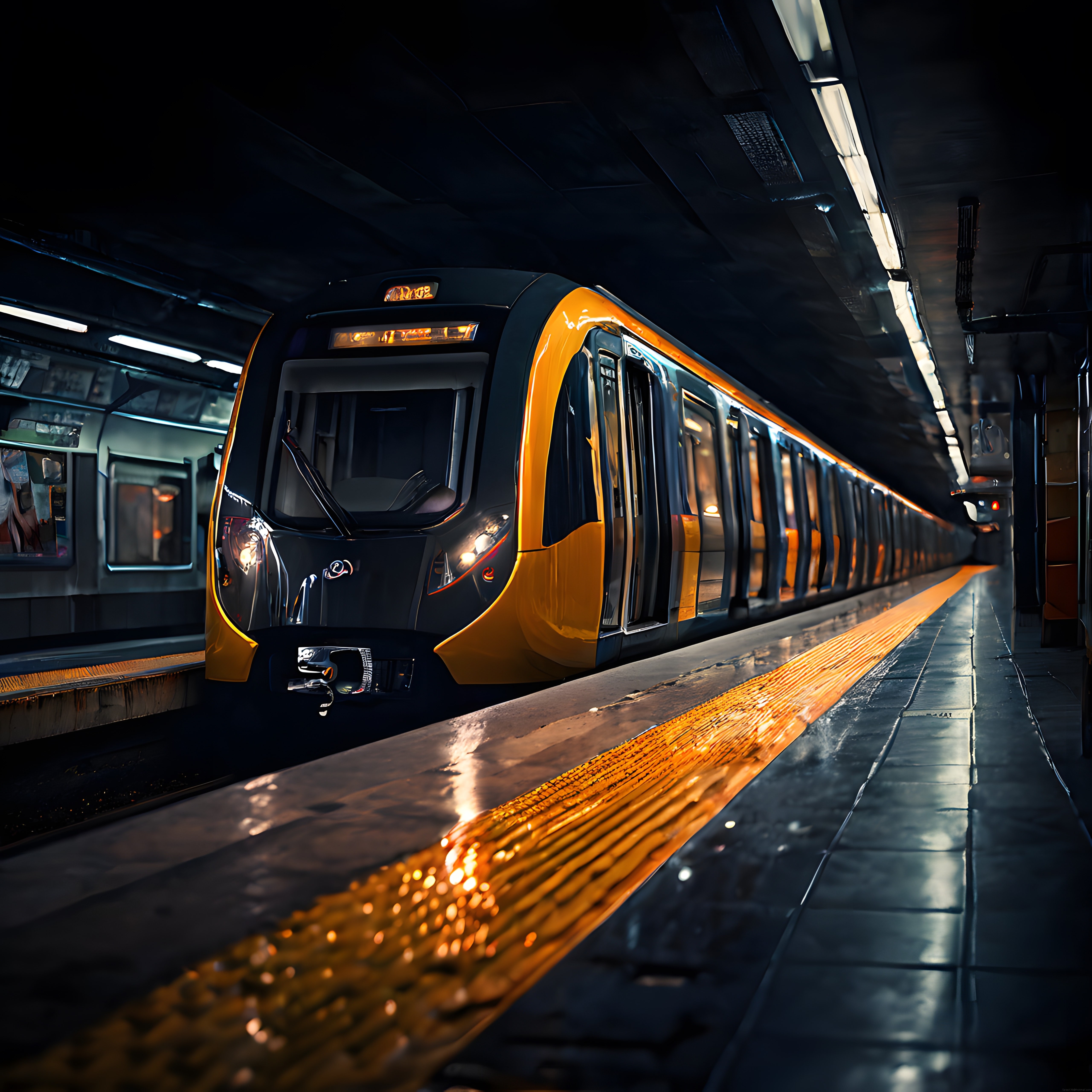 Gece Vakti Yeraltı İstasyonunda Işıldayan Sarı Metro ve Islak Platform