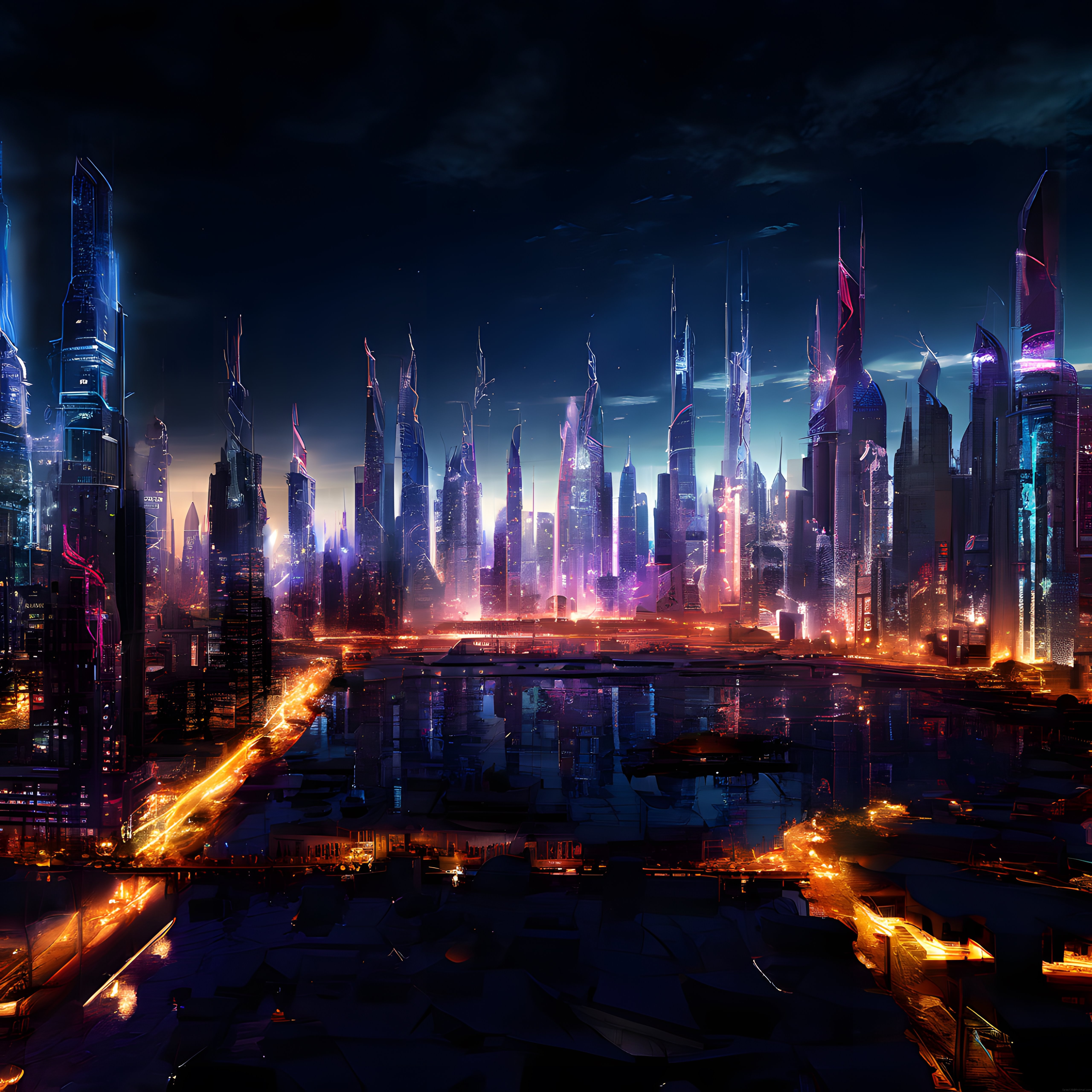Gece Vaktinde Cyberpunk Neon Işıklarla Aydınlanmış Fütüristik Şehir Manzarası