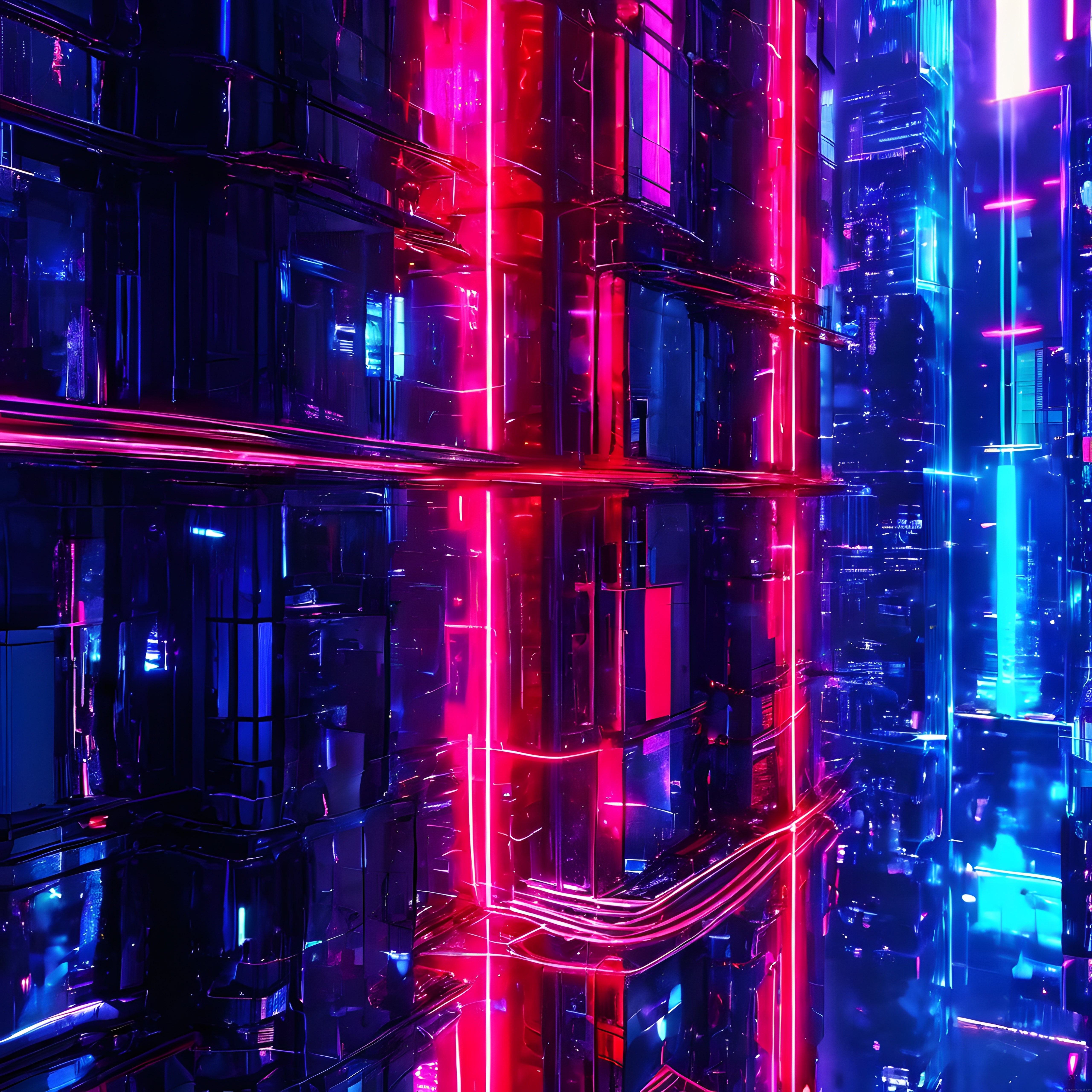 Gece Vaktinde Kırmızı ve Mavi Neonlarla Işıldayan Cyberpunk Metropolis Manzarası