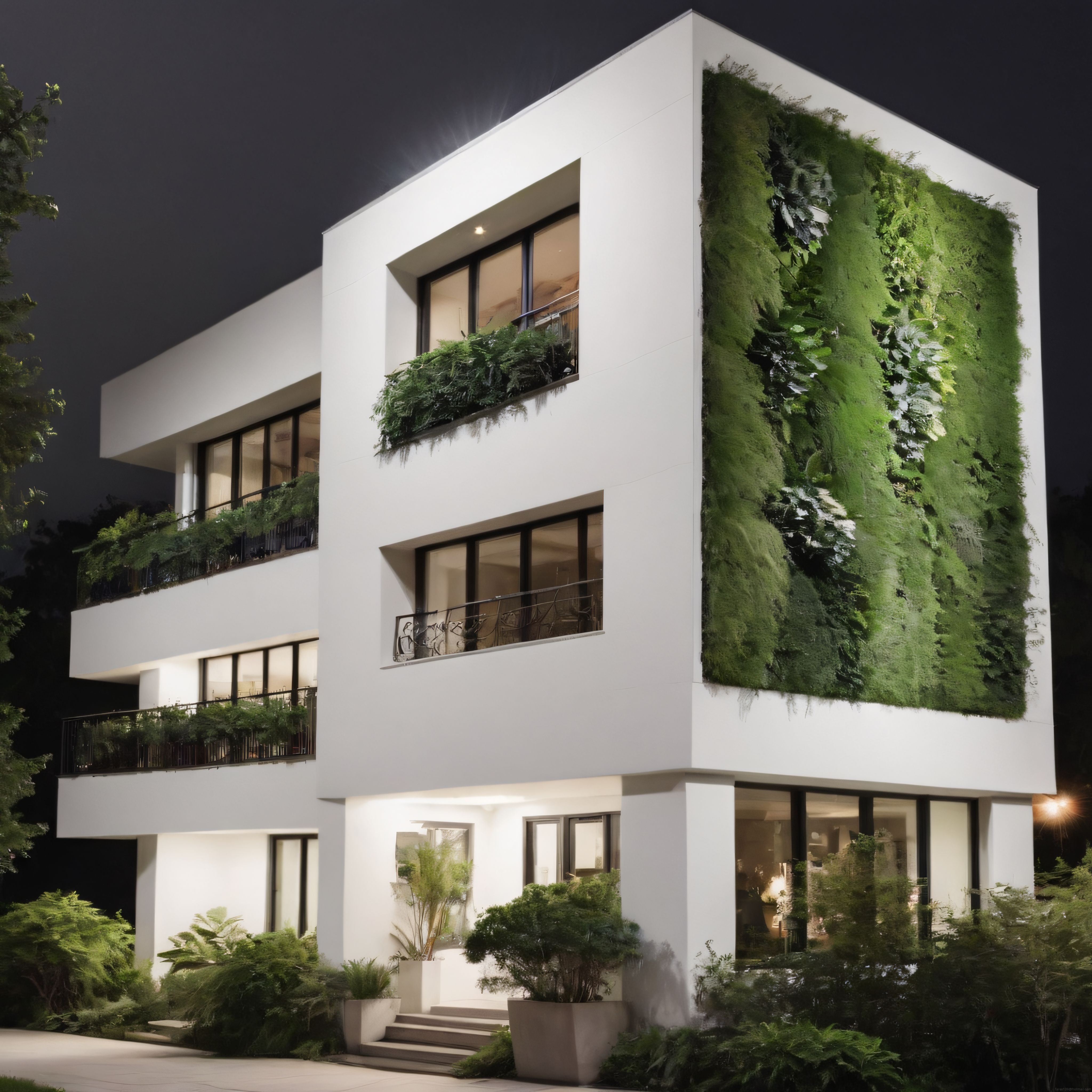Gece Vaktinde Modern Minimalist Villa ve Dikey Yeşil Duvar Tasarımı