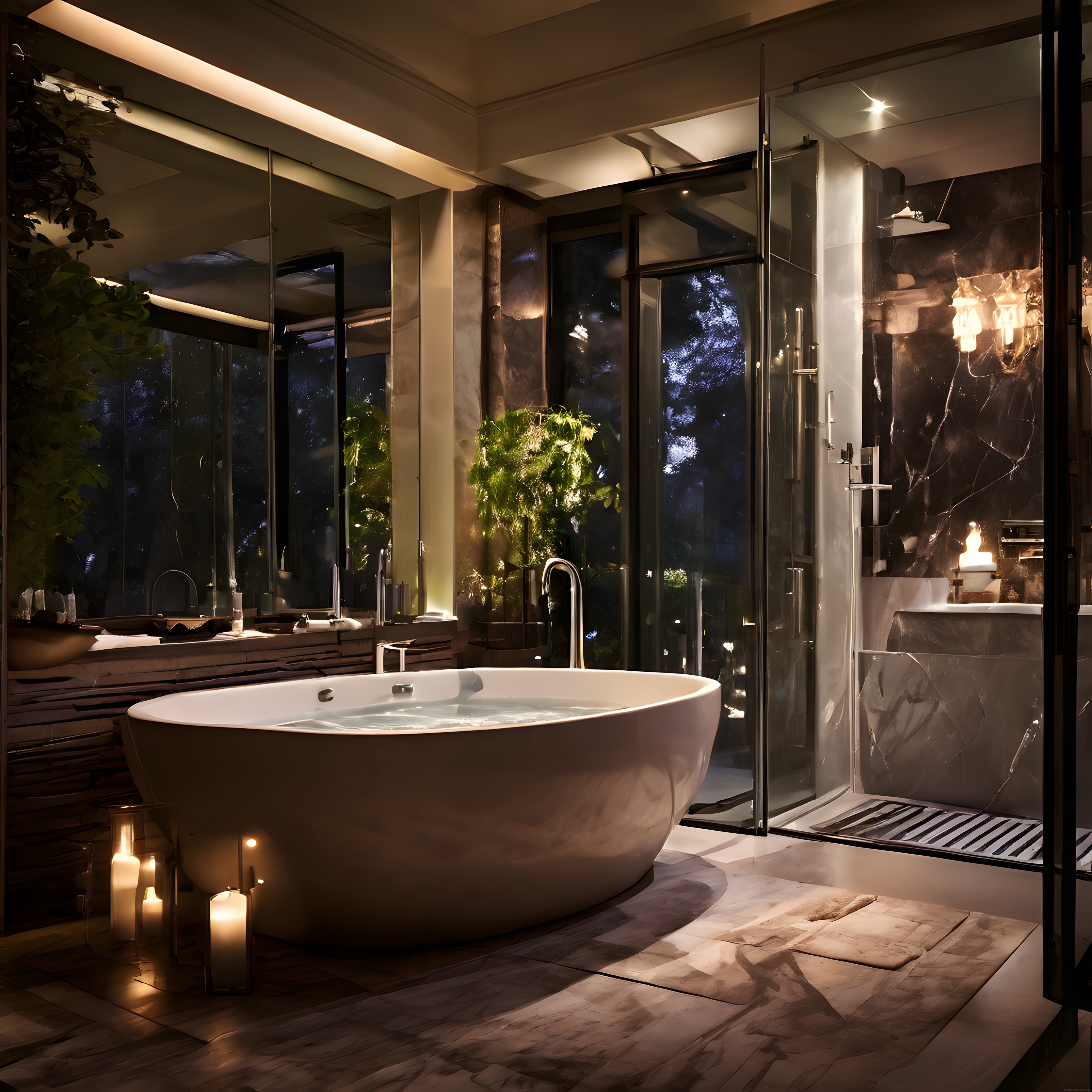 Gece Vaktinde Mum Işığında Parıldayan Lüks Mermer Banyo ve Yeşillik Manzara