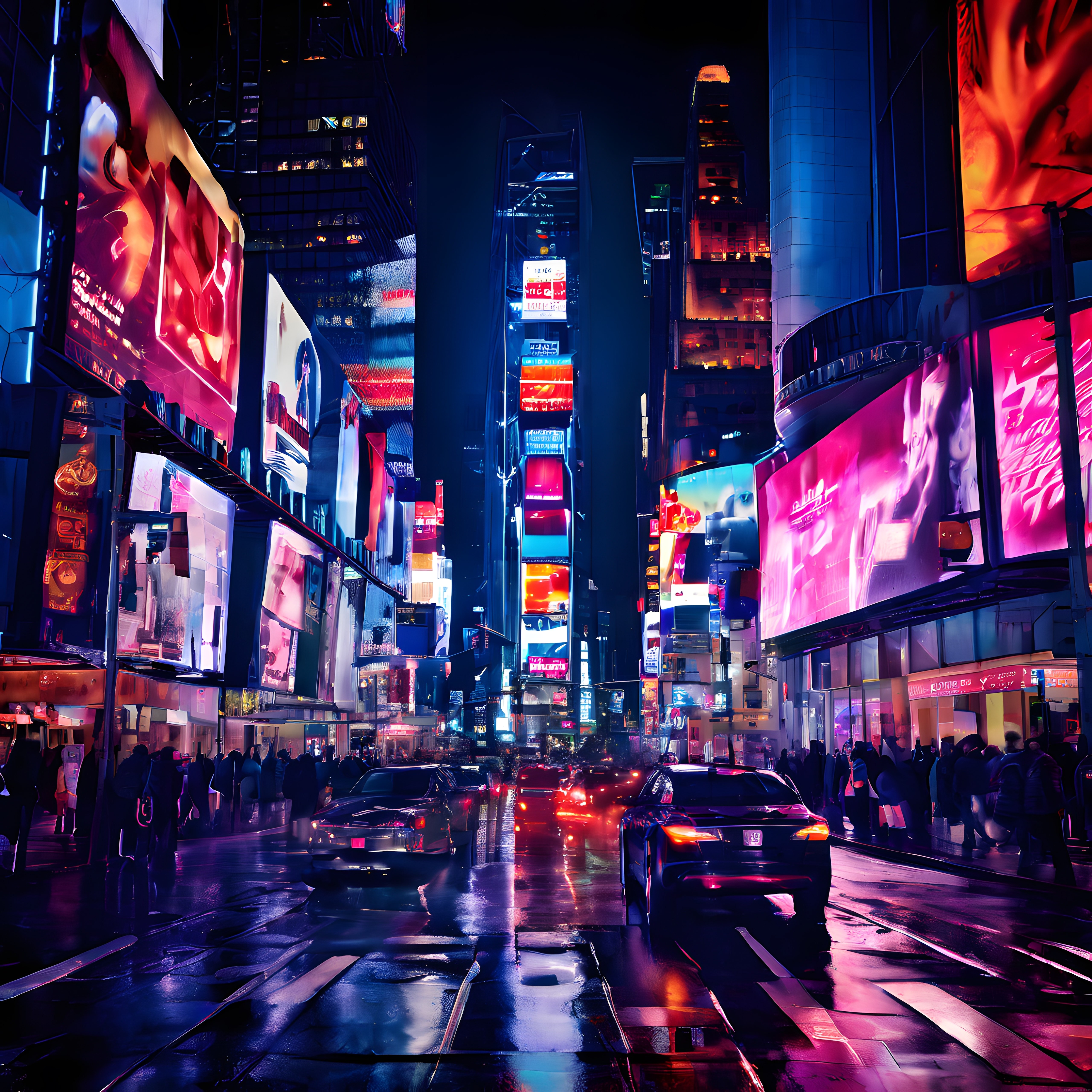 Gece Vaktinde Neon Işıklarla Aydınlanmış Gökdelenler ve Kalabalık Şehir Caddesi