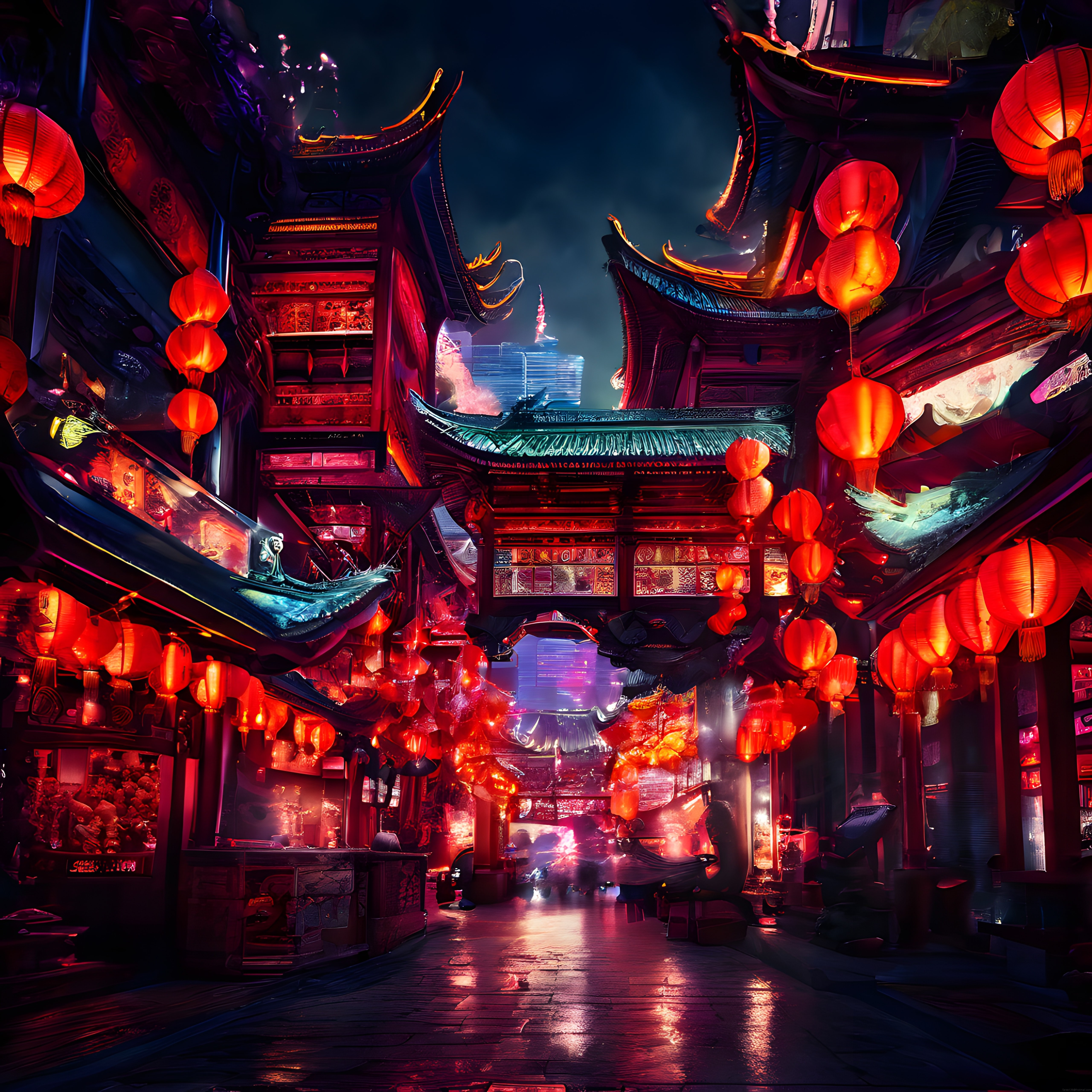 Gece Yarısı Asya Sokağında Cyberpunk Rüyası: Fenerler ve Neon Işıltısı