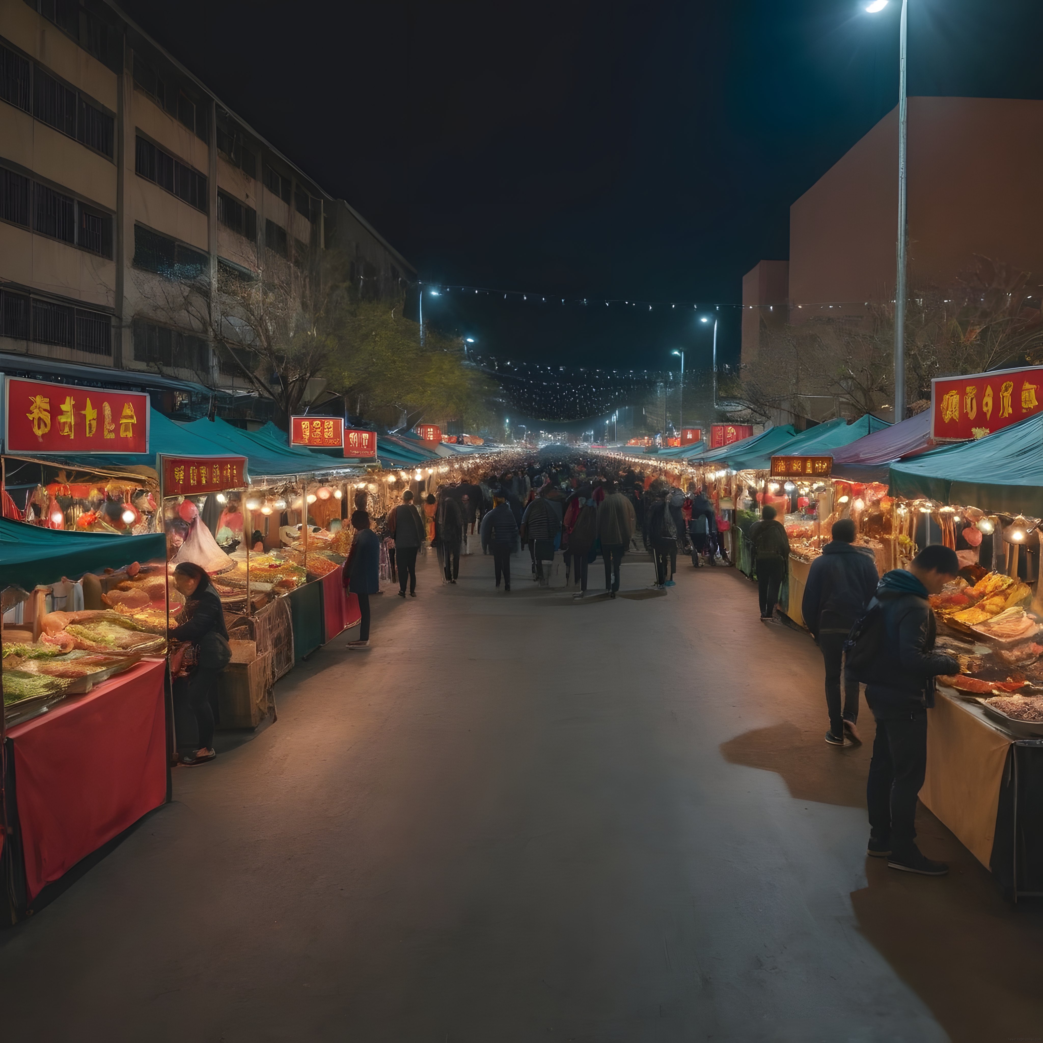 Gece Yarısı Asya Sokak Pazarında Işıklar Altında Yemek Tezgahları ve Kalabalık