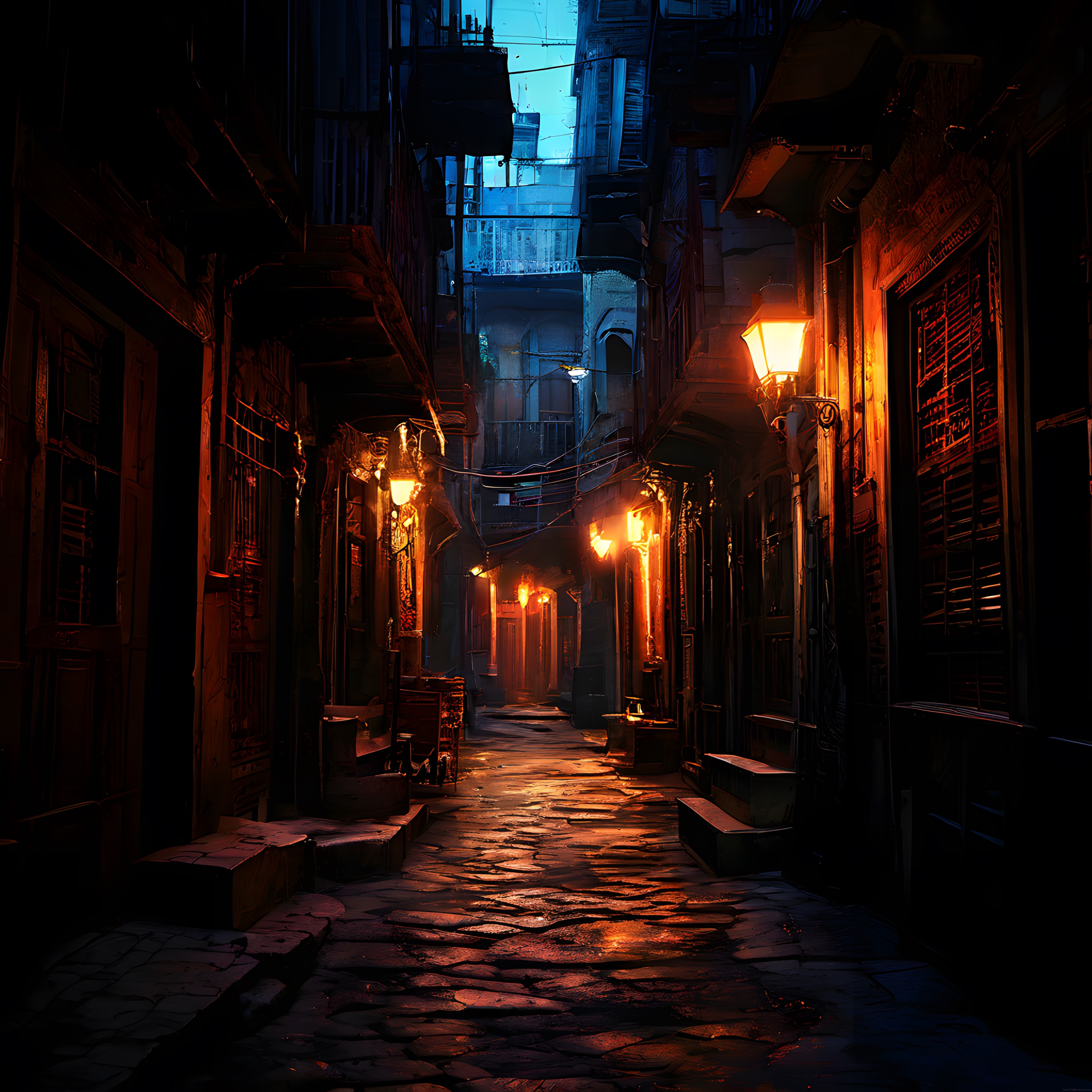 Gece Yarısı Eski Bir Şehrin Dar Taşlı Sokağında Hüzünlü Sokak Lambaları
