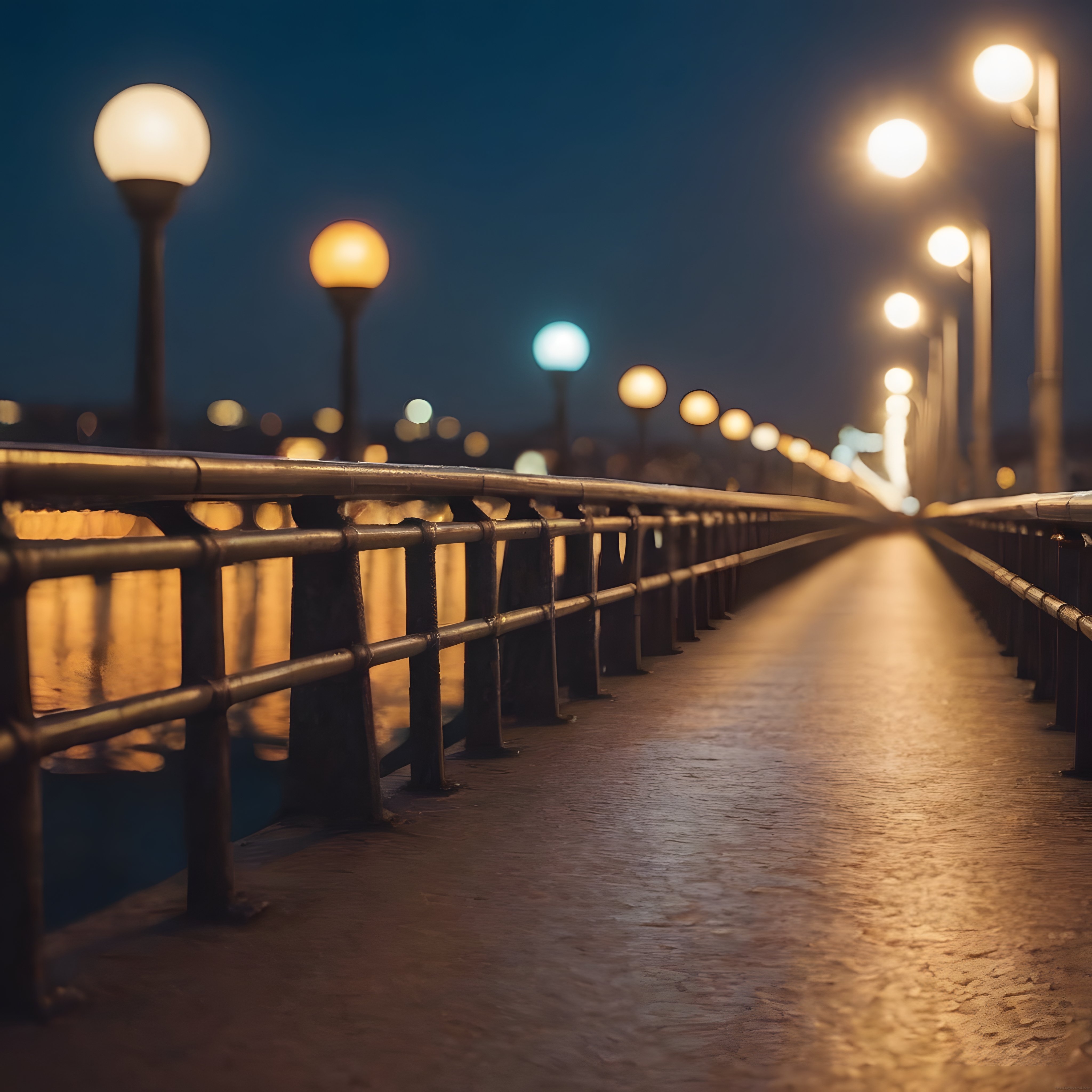 Gece Yarısı Islak Köprü Yürüyüş Yolunda Lambaların Romantik Işığı