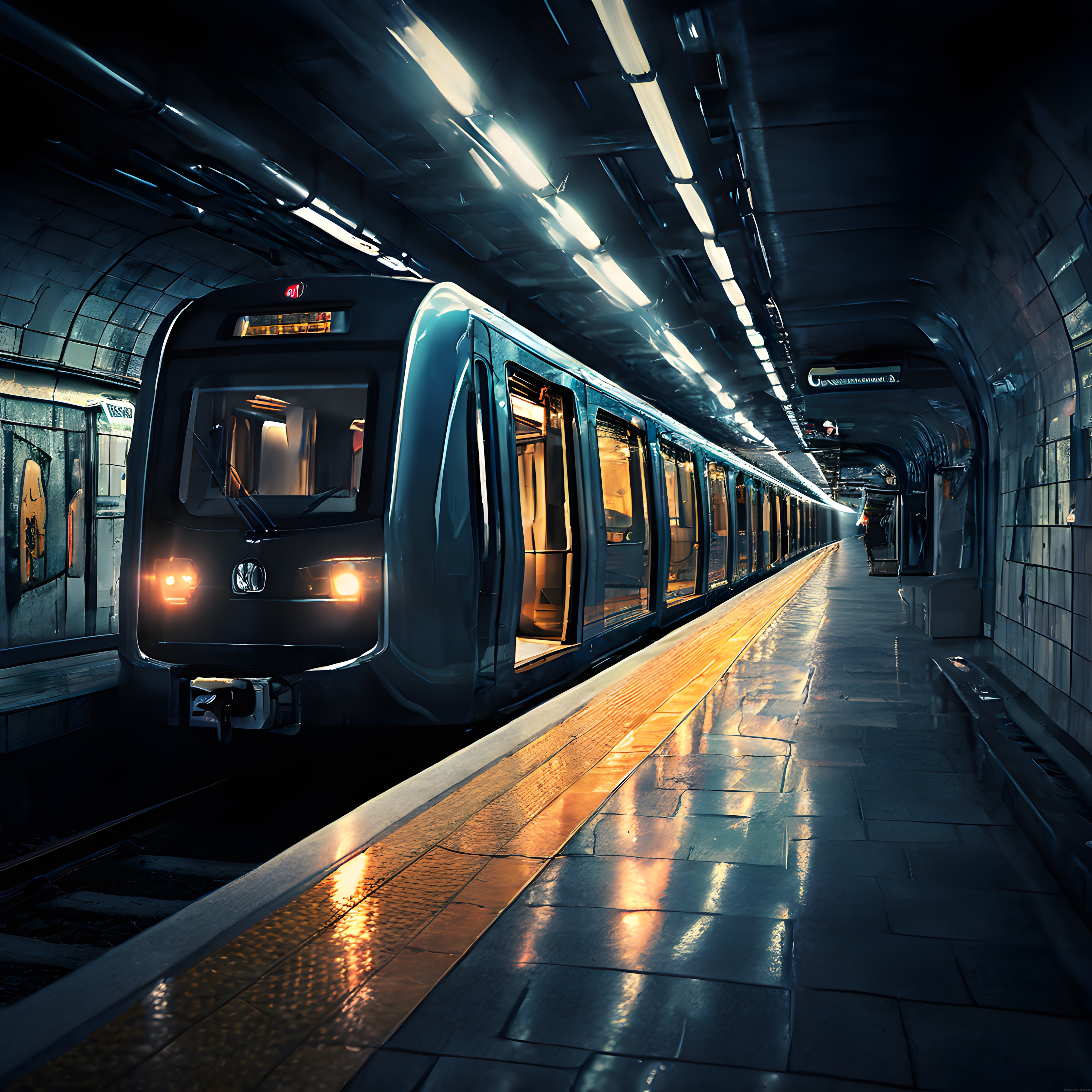Gece Yarısı Metro İstasyonunda Islak Platformda Bekleyen Tren ve Gizemli Işıklar