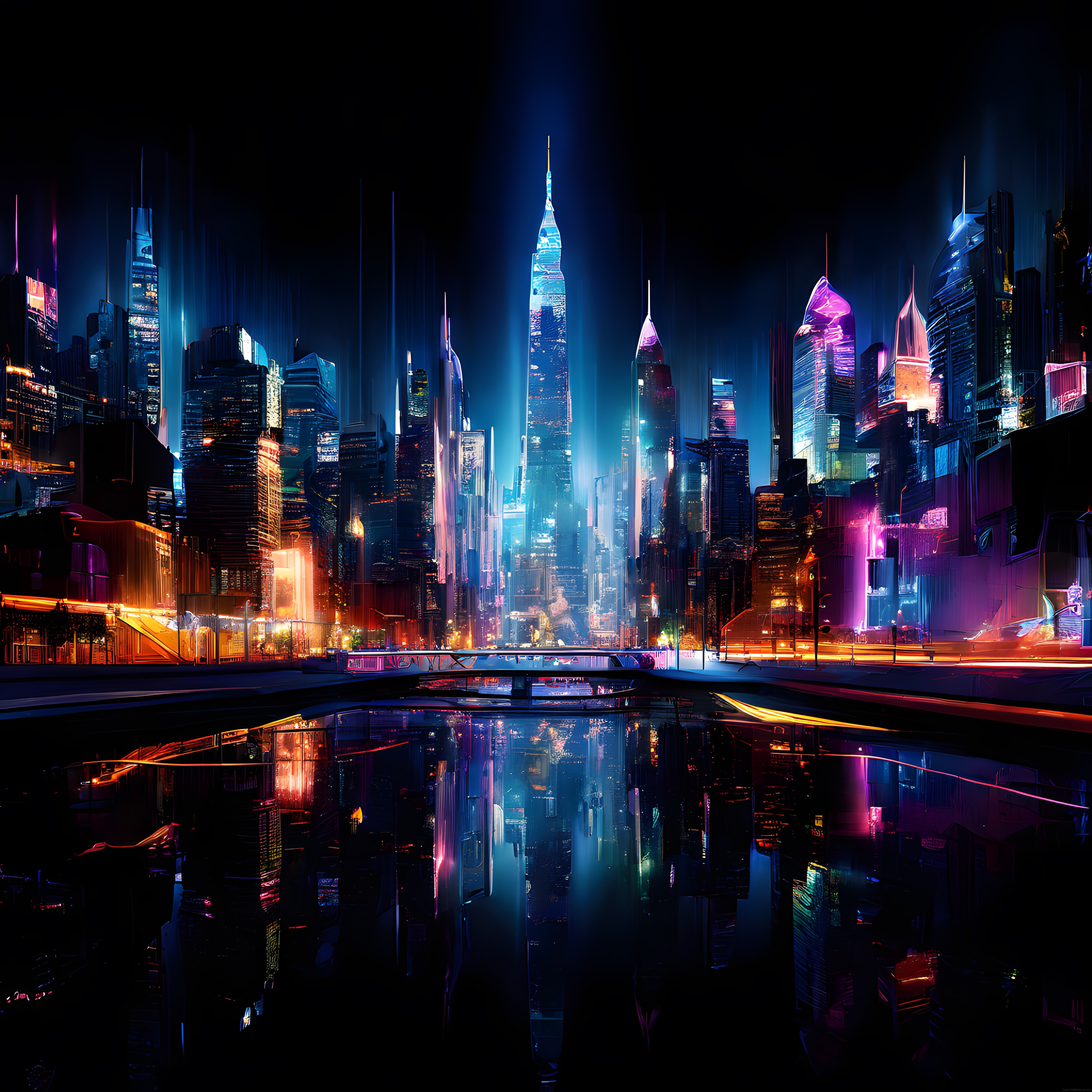 Gece Yarısı Neon Aydınlatmalı Cyberpunk Şehir Manzarası ve Su Yansıması