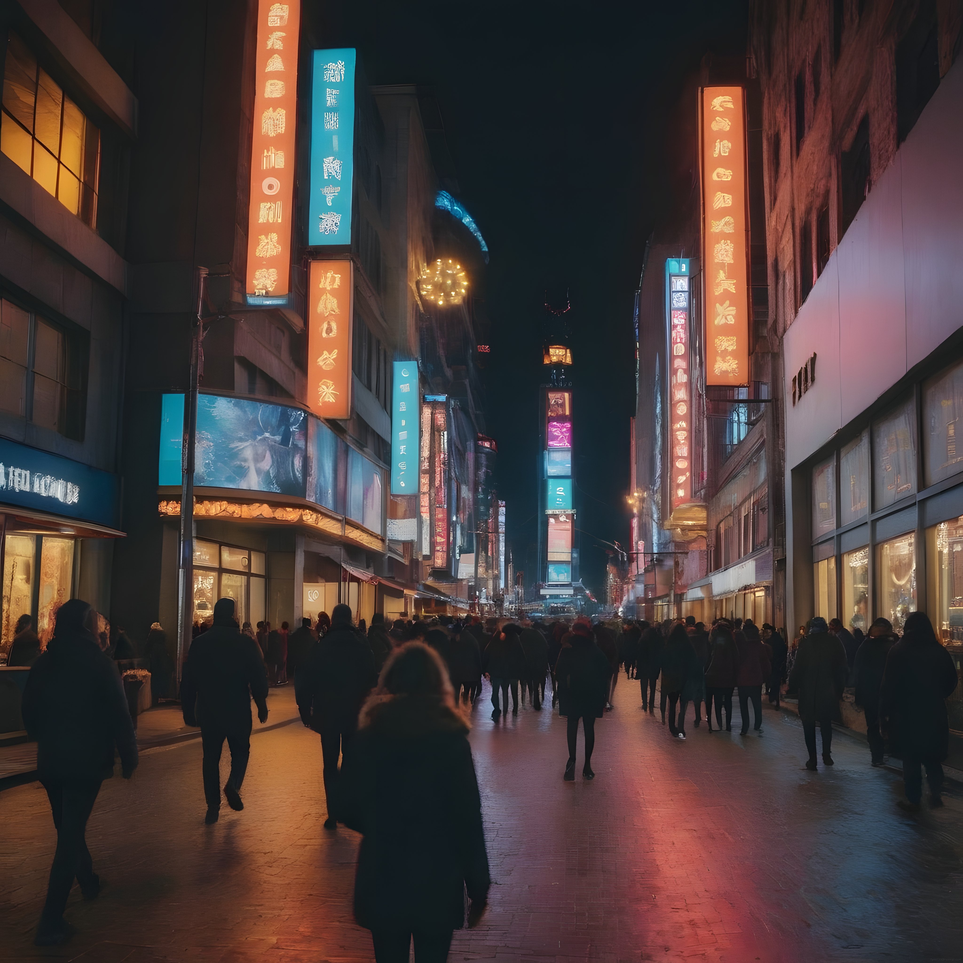 Gece Yarısı Neon Işıkları Altında Kalabalık Şehir Caddesi ve Yürüyen İnsanlar