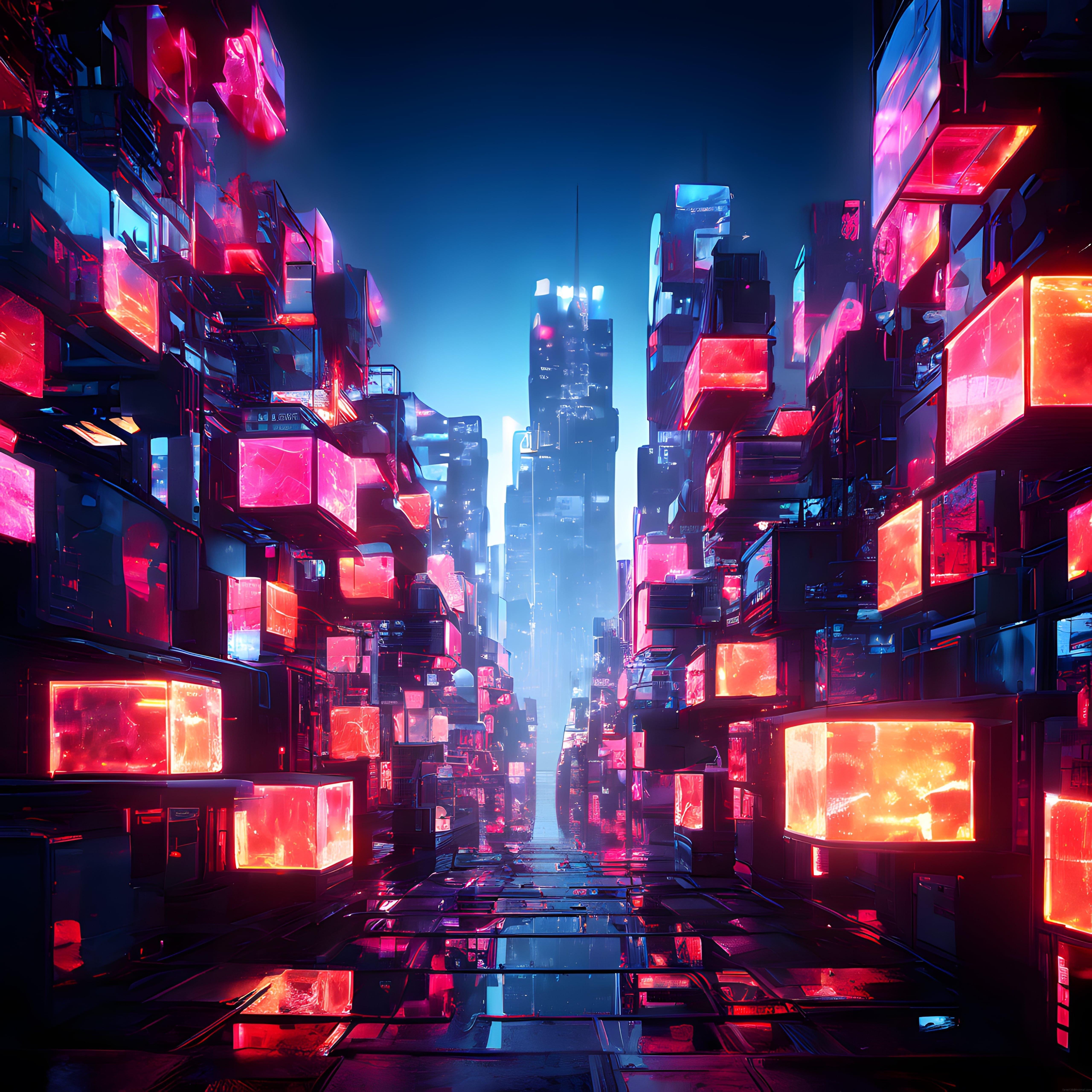 Gece Yarısı Neon Işıklarıyla Aydınlanmış Cyberpunk Şehir Manzarası