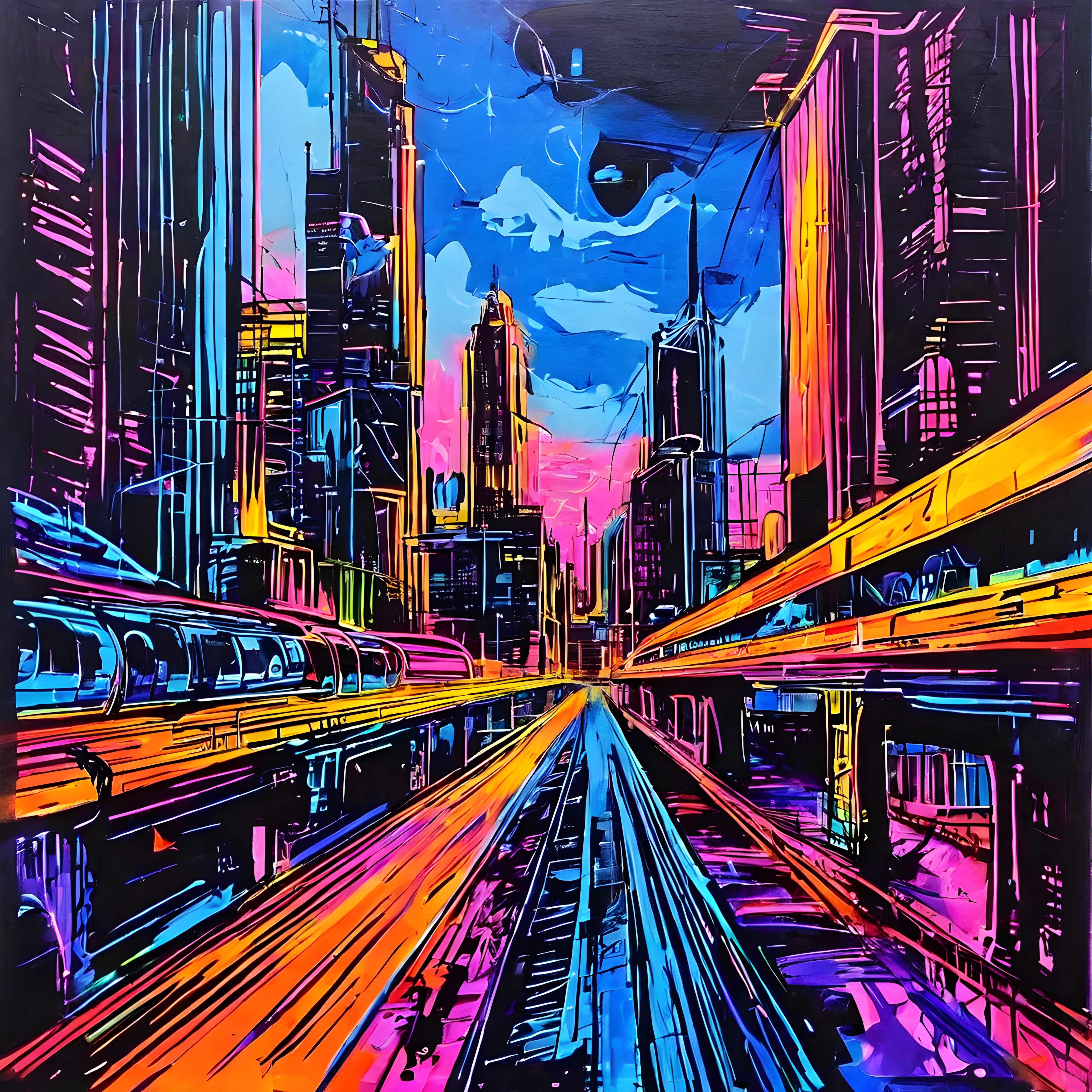 Gece Yarısı Neon Işıklı Cyberpunk Şehir ve Hızlı Otoyollar Dijital Sanat