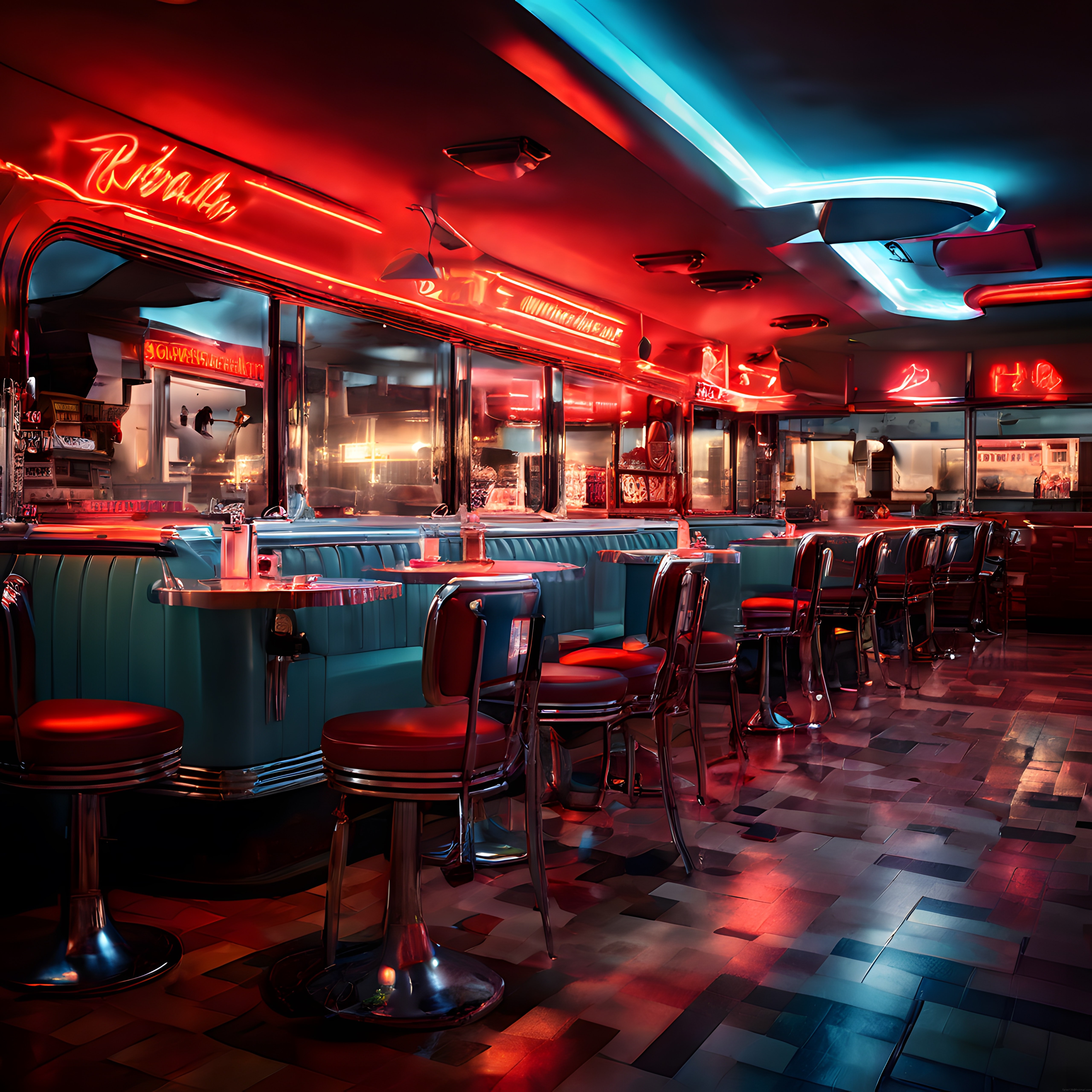 Gece Yarısı Neonlarıyla Parıldayan Nostaljik Amerikan Diner Restoran