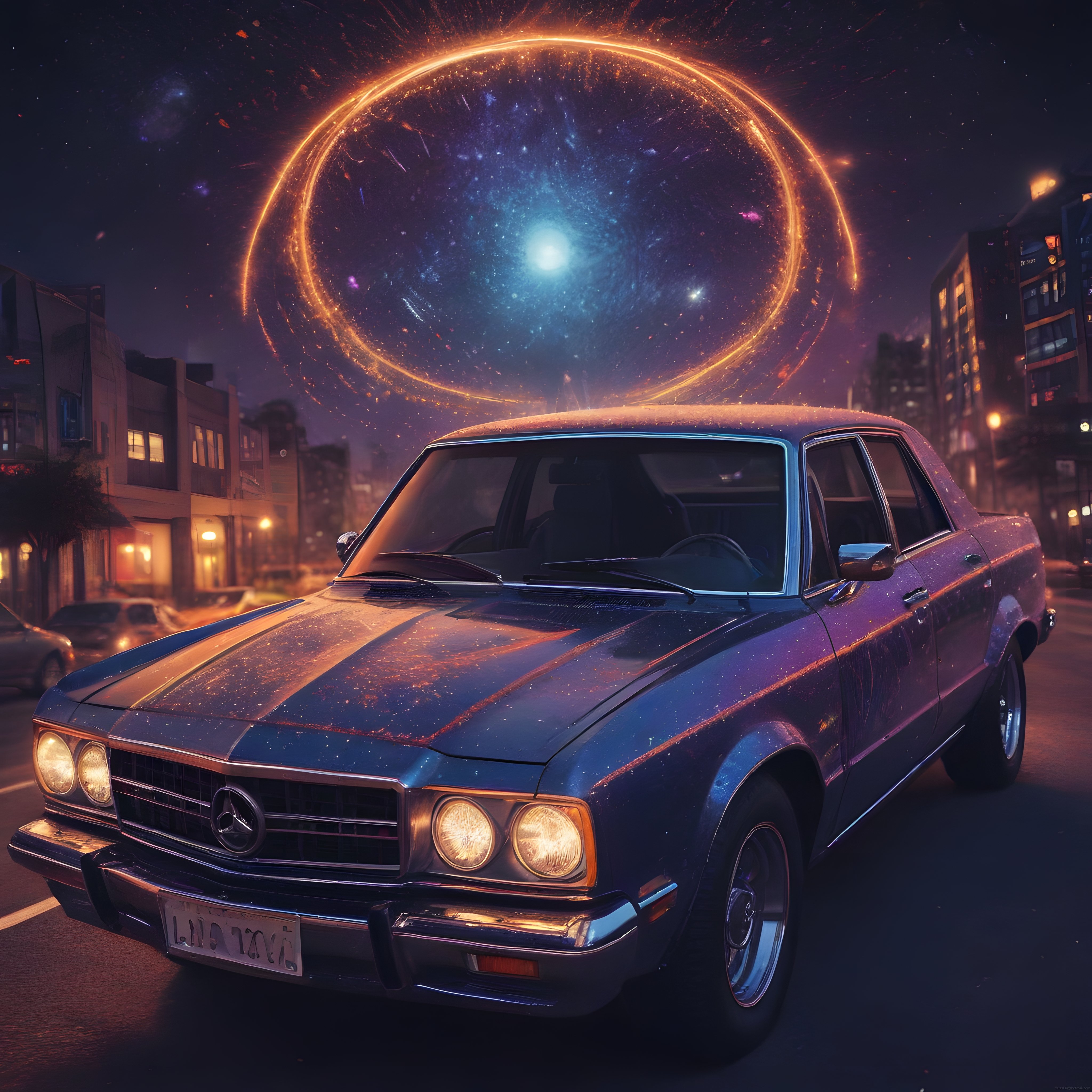 Gece Yarısı Şehirdeki Klasik Mercedes ve Yıldızlarla Çevrili Portal