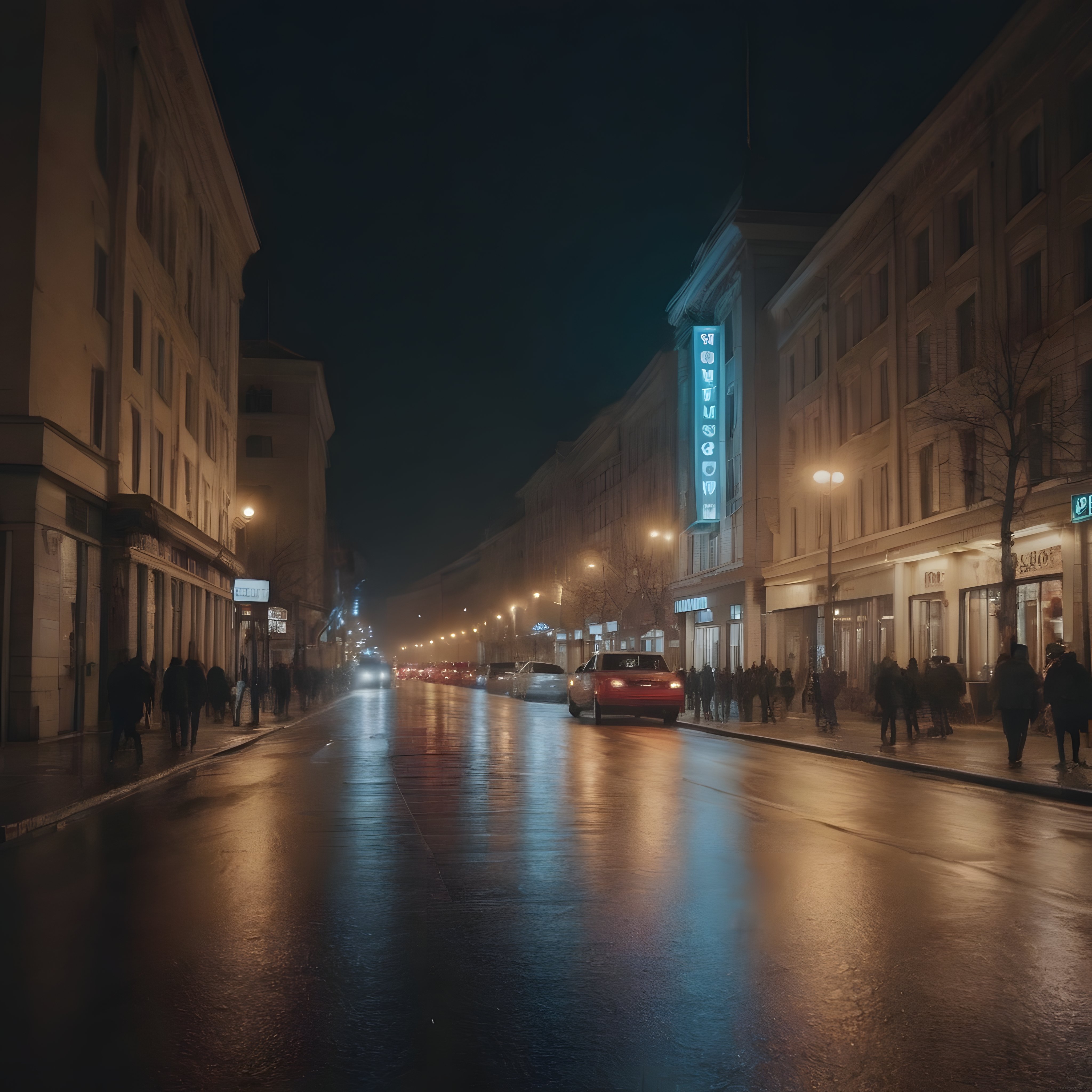 Gece Yarısı Sisli Şehir Caddesinde Islak Yolda Yansıyan Neon Işıkları
