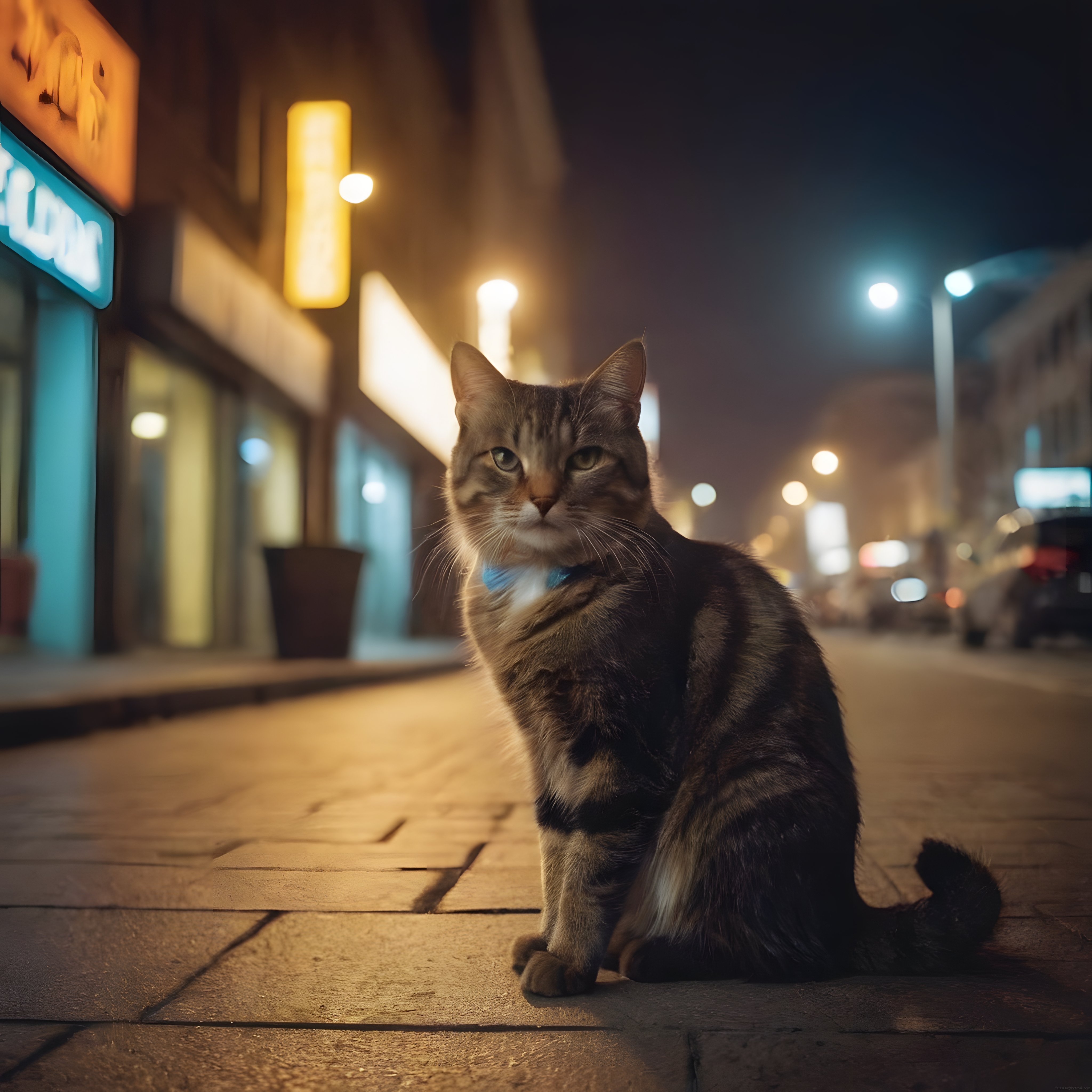 Gece Yarısı Sokak Lambaları Altında Oturan Tırtıllı Tekir Kedi