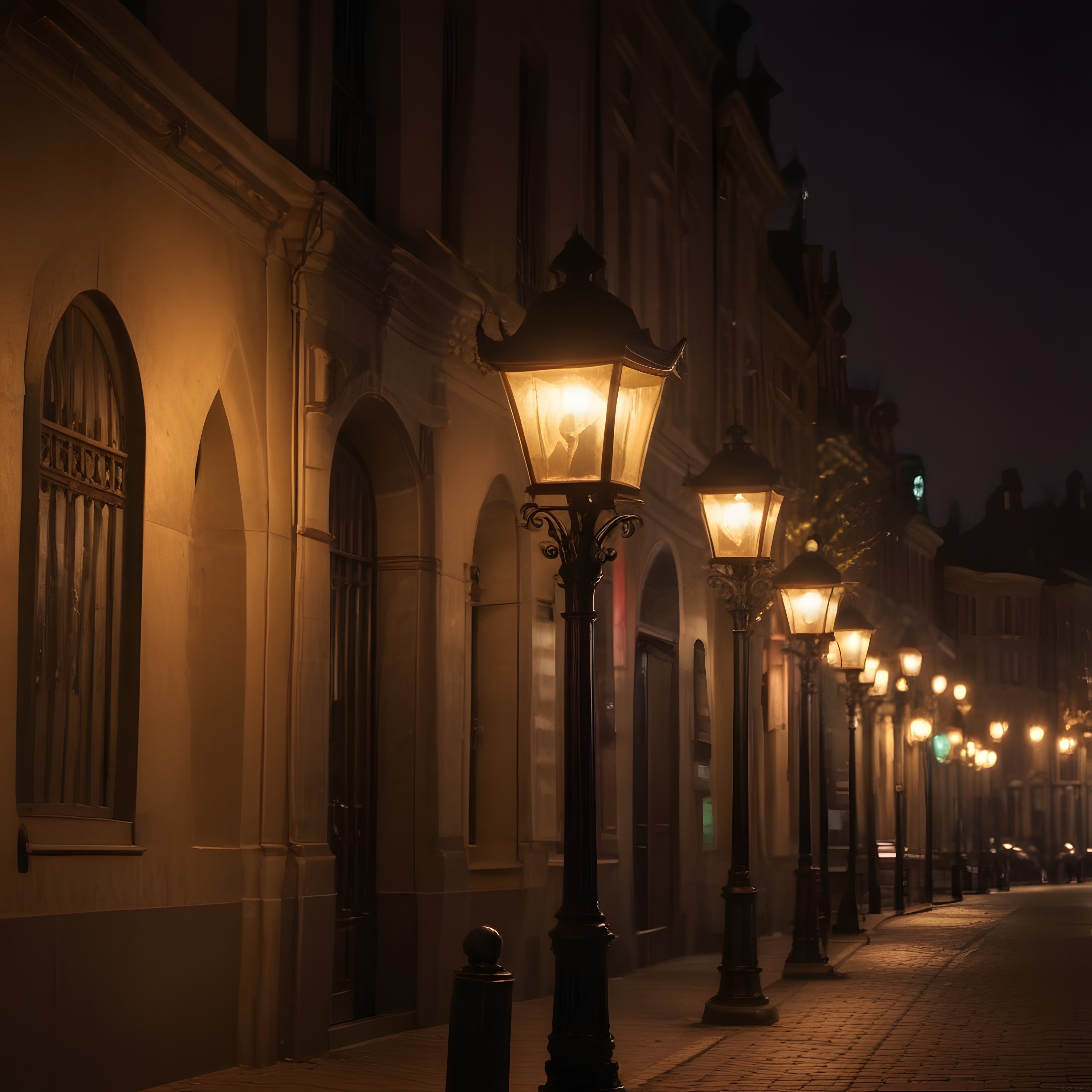 Gece Yarısı Tarihi Şehir Sokağında Sis İçinde Parıldayan Eski Lambalar