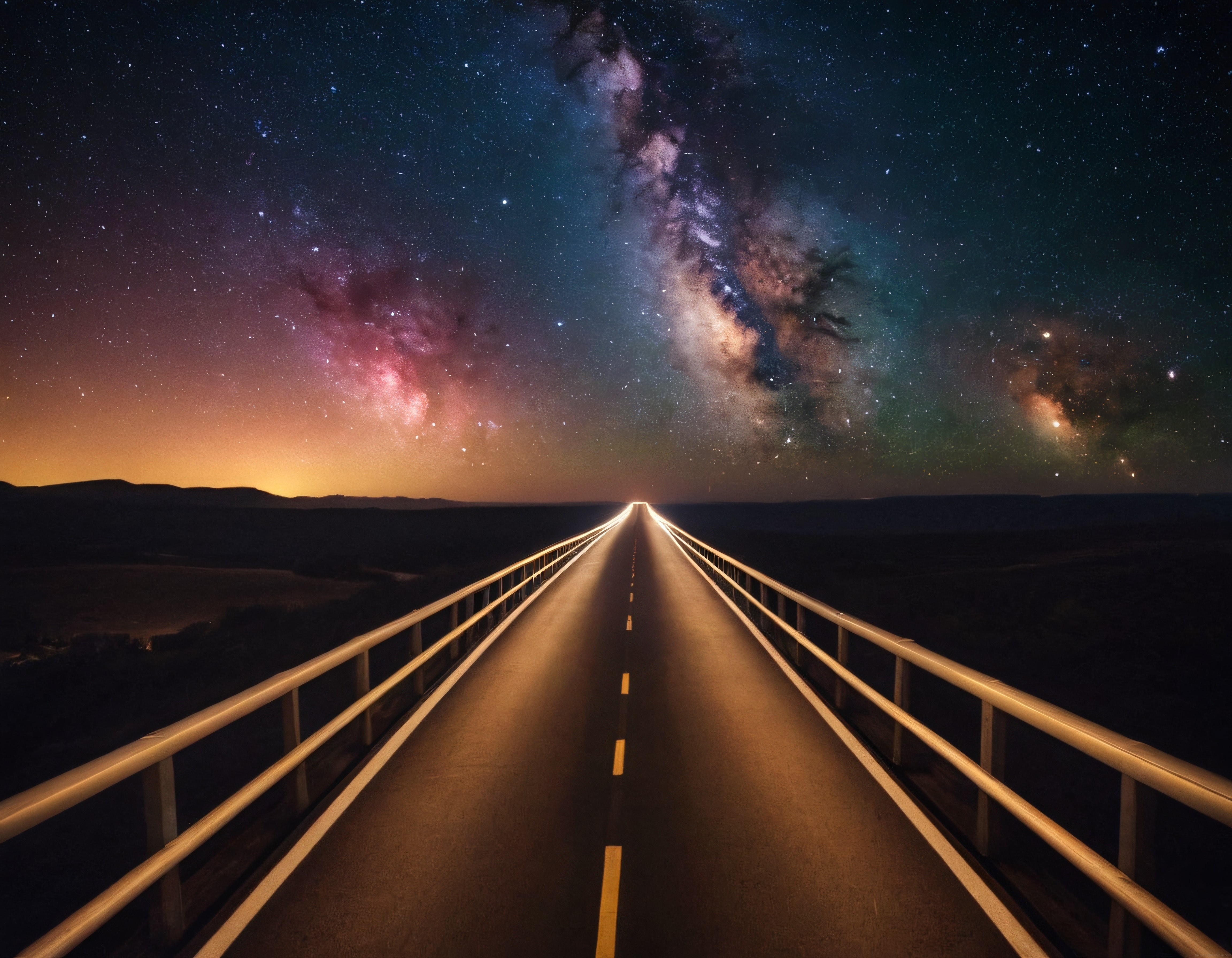 Gece Yarısı Ufuk Çizgisinde Parıldayan Samanyolu ve Işıklı Sonsuz Yol