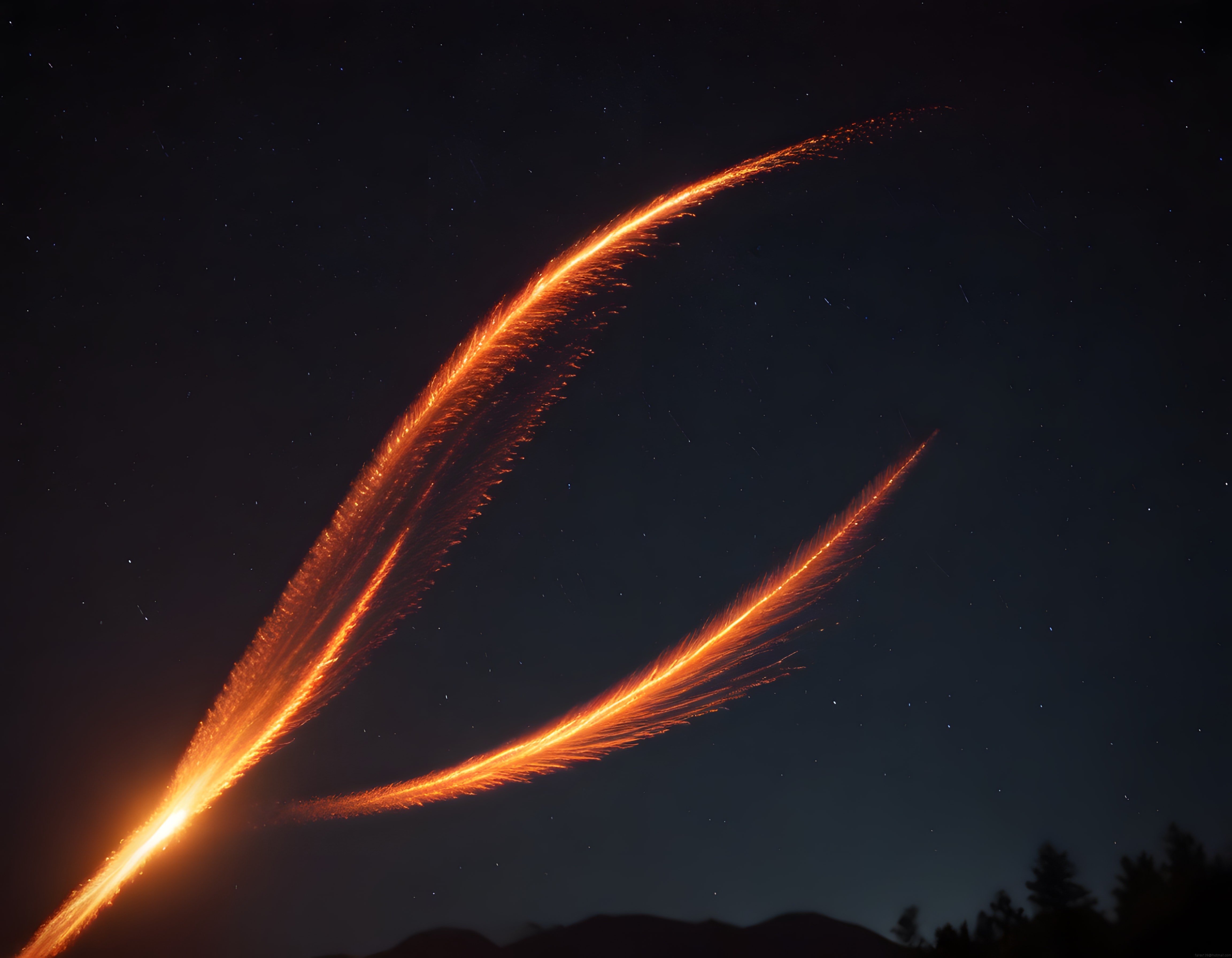 Gece yarısında gökyüzünde ateş kuyruğu bırakan parlak meteorun uzun pozlamalı görüntüsü