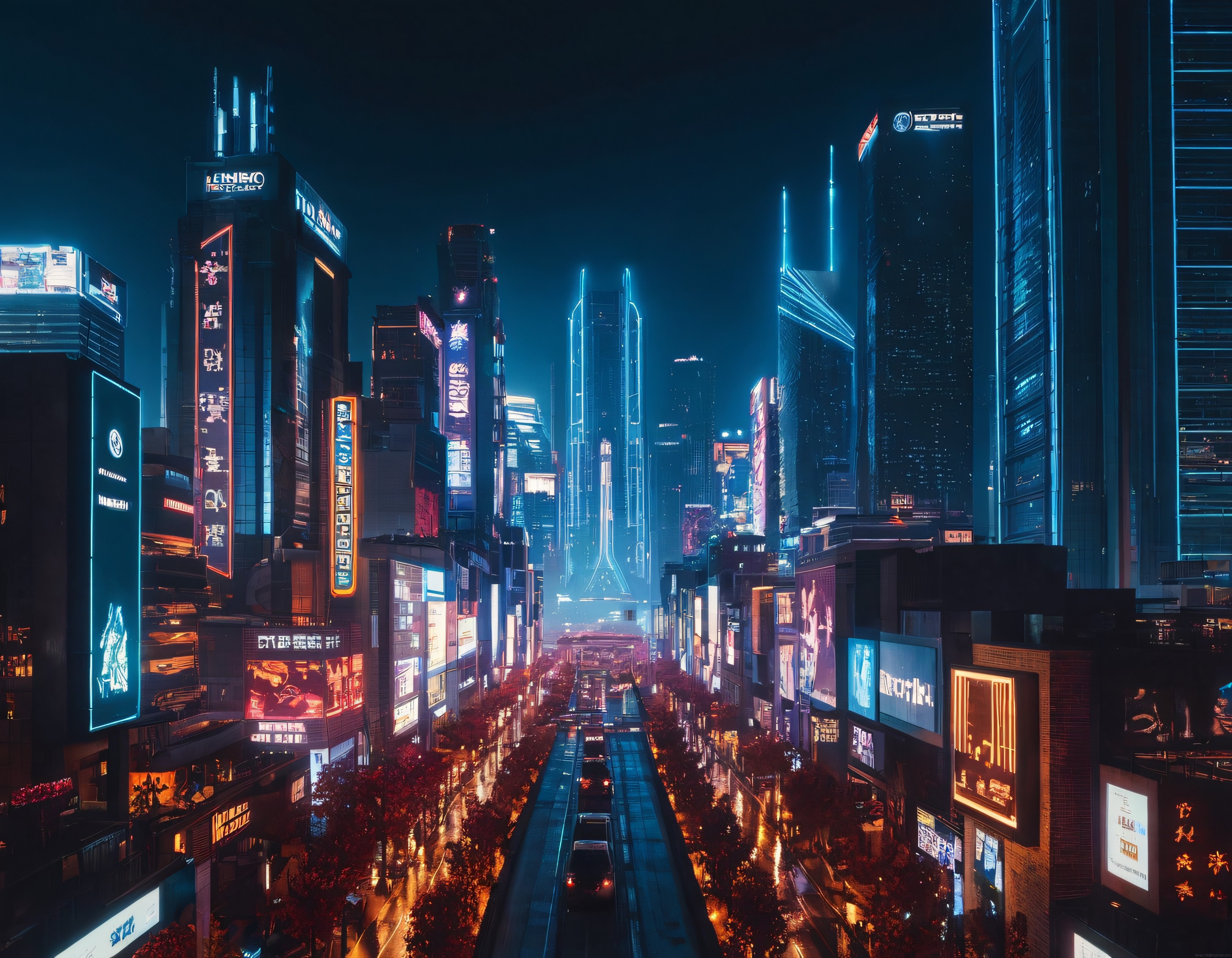 Gece Yarısında Neon Işıklarla Aydınlanan Geleceğin Büyük Şehir Manzarası