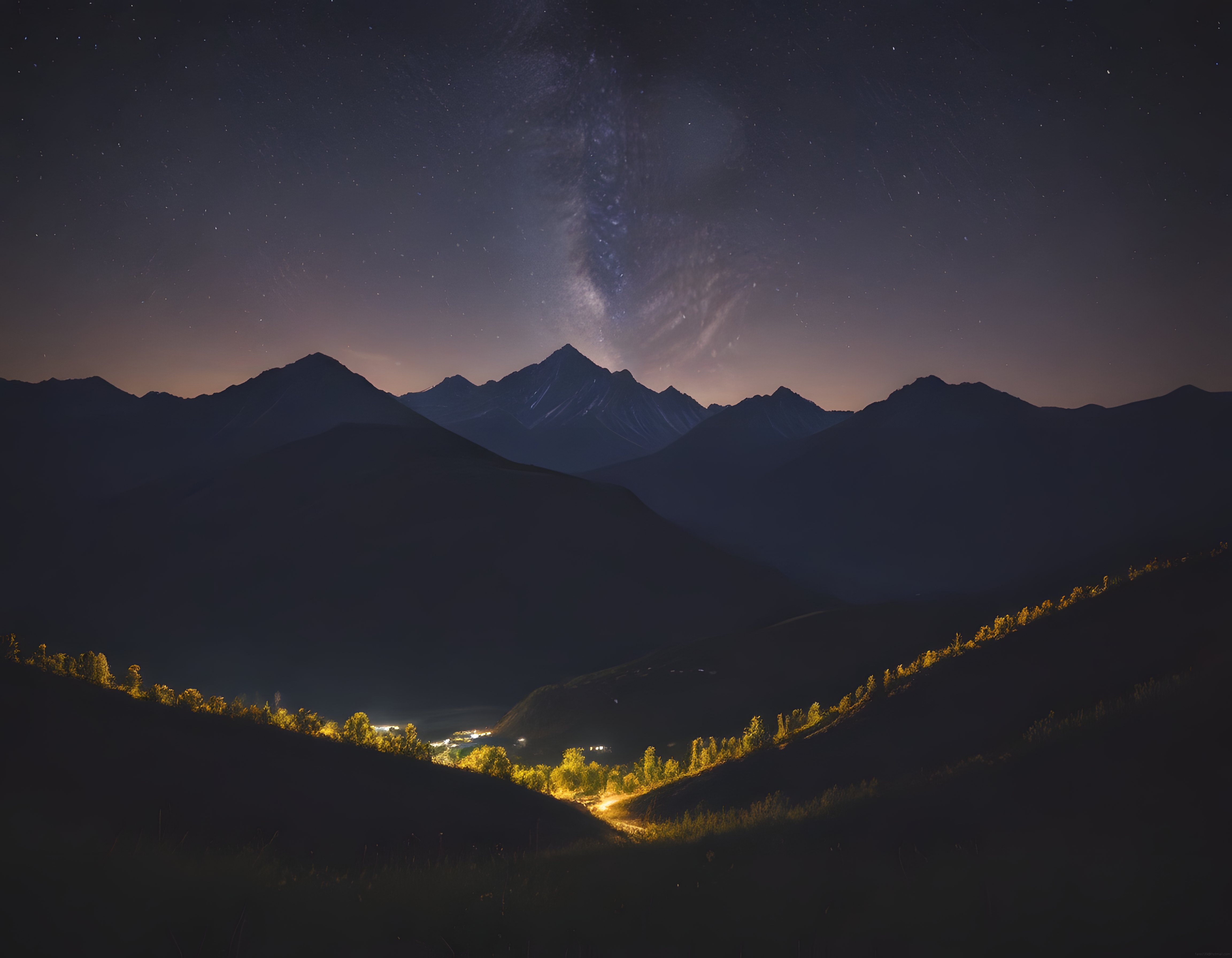 Gece Yarısında Samanyolu, Karlı Zirveler ve Vadideki Sıcak Işıklar