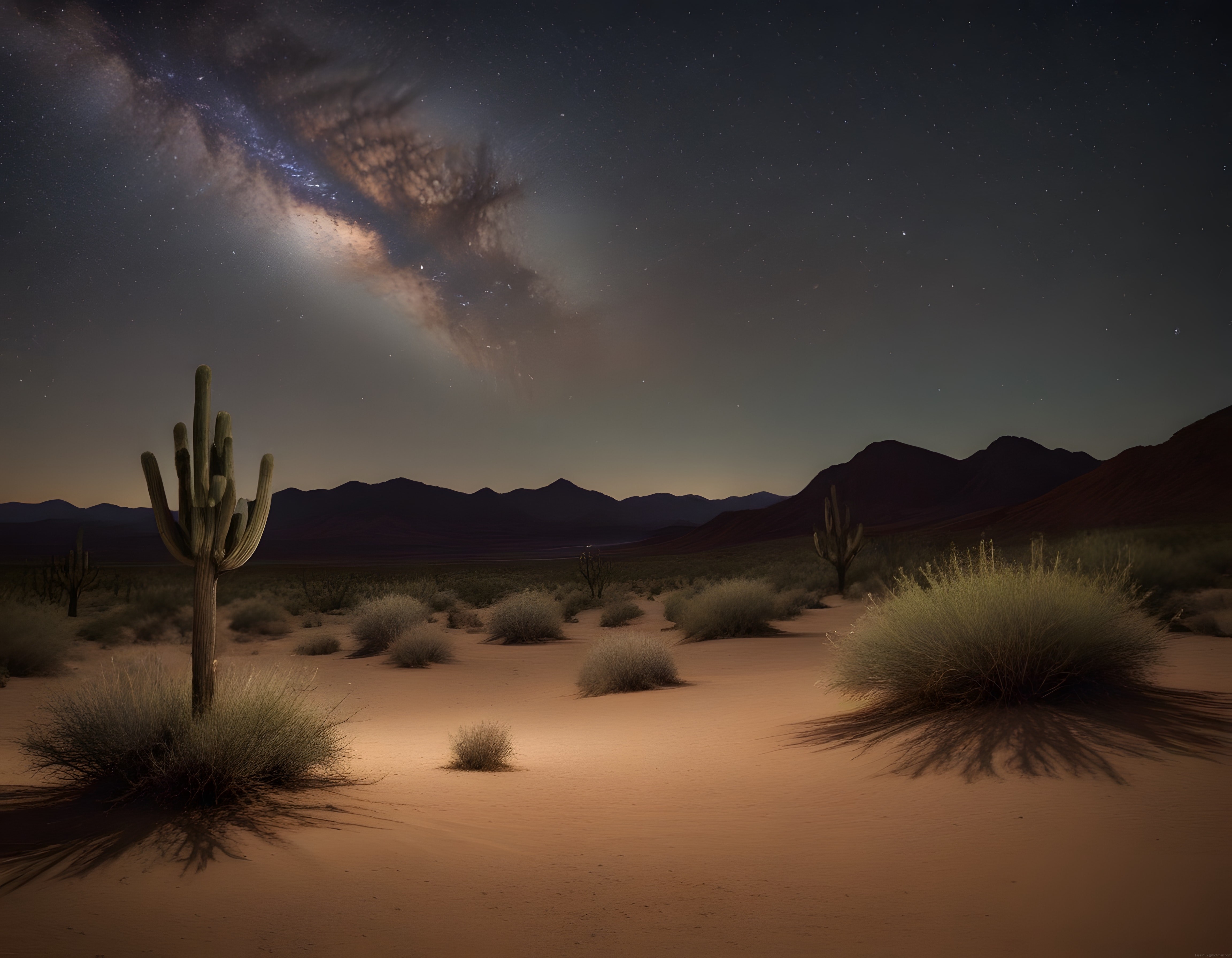 Gece Yarısında Samanyolu ve Saguaro Kaktüsüyle Büyüleyici Çöl Manzarası