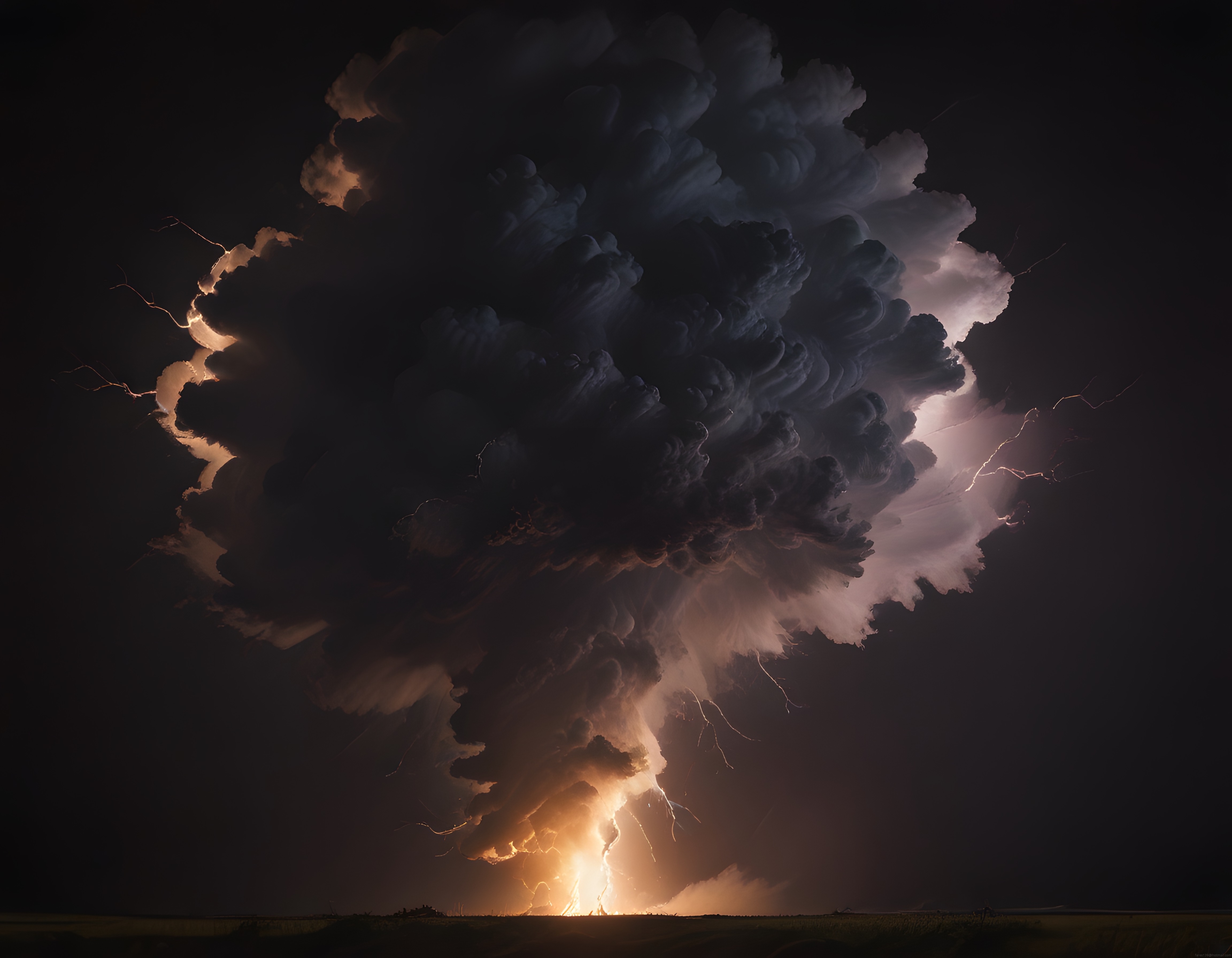 Geceleyin Devasa Kumulonimbus Bulutlarında Parlayan Şimşekli Fırtına Anı