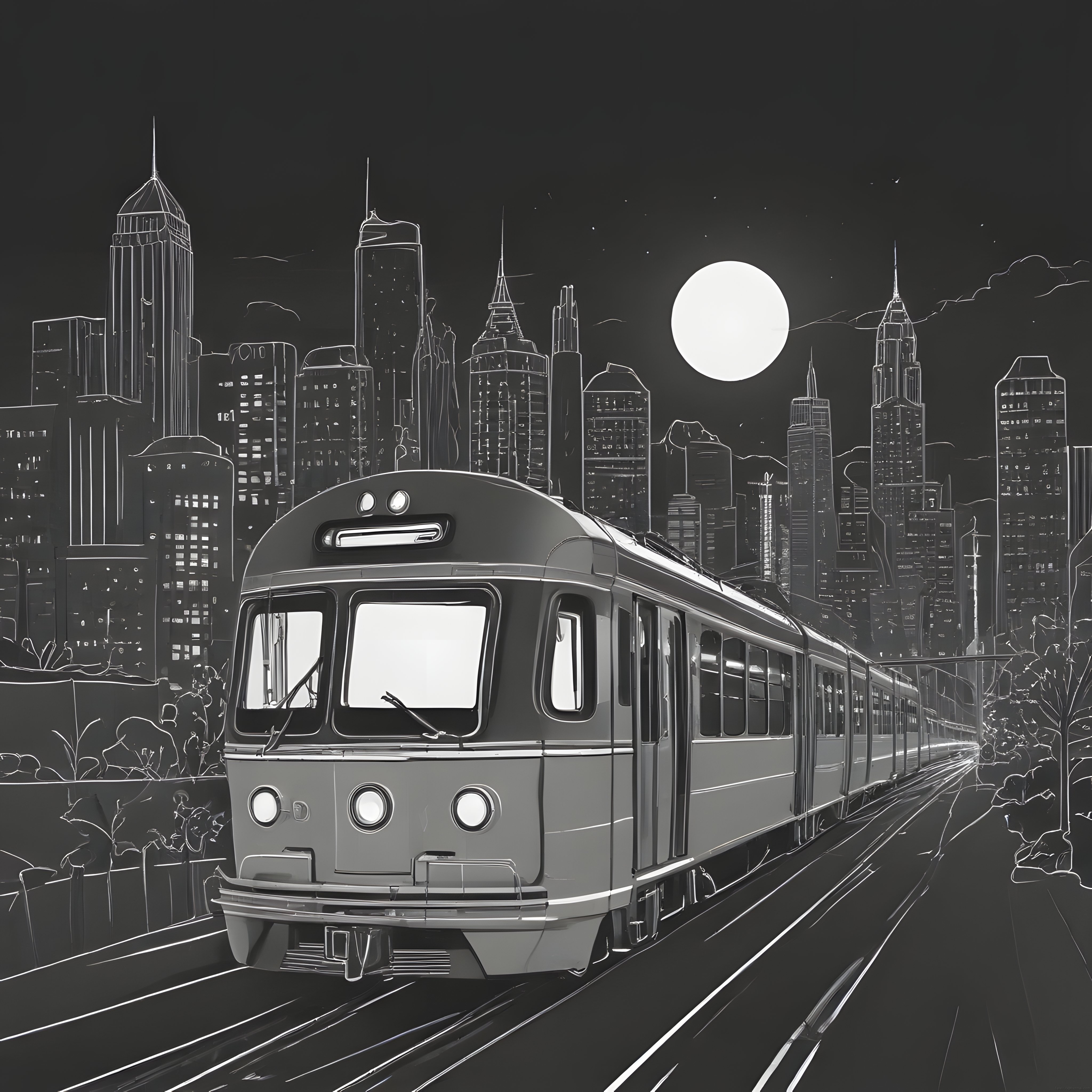 Gecenin Ayışığında Şehir Silueti ve Büyük Ay Önünde Raylarda Tren Yolculuğu
