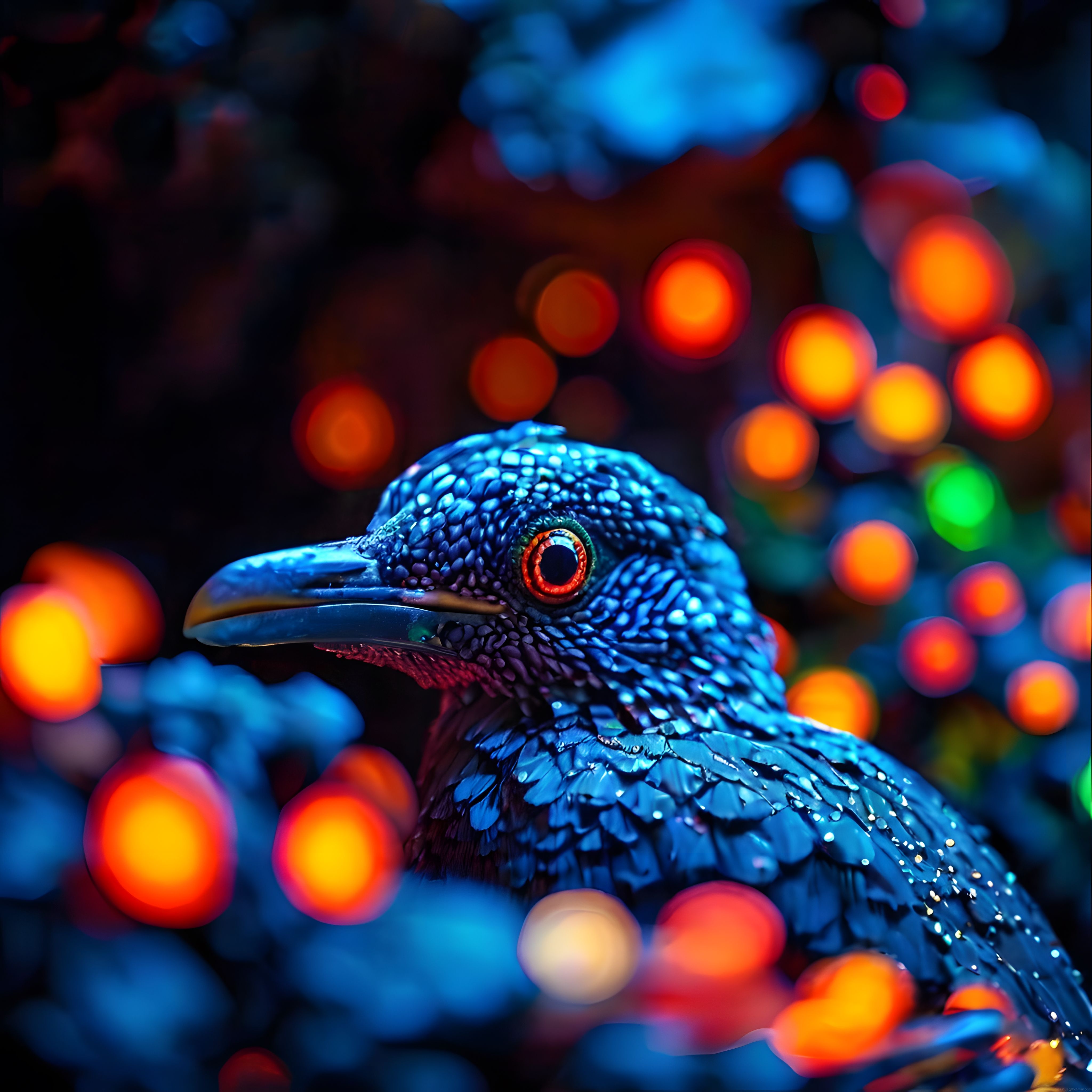 Gecenin Karanlığında Renkli Bokeh Işıklarıyla Aydınlanan Mavi Egzotik Kuş