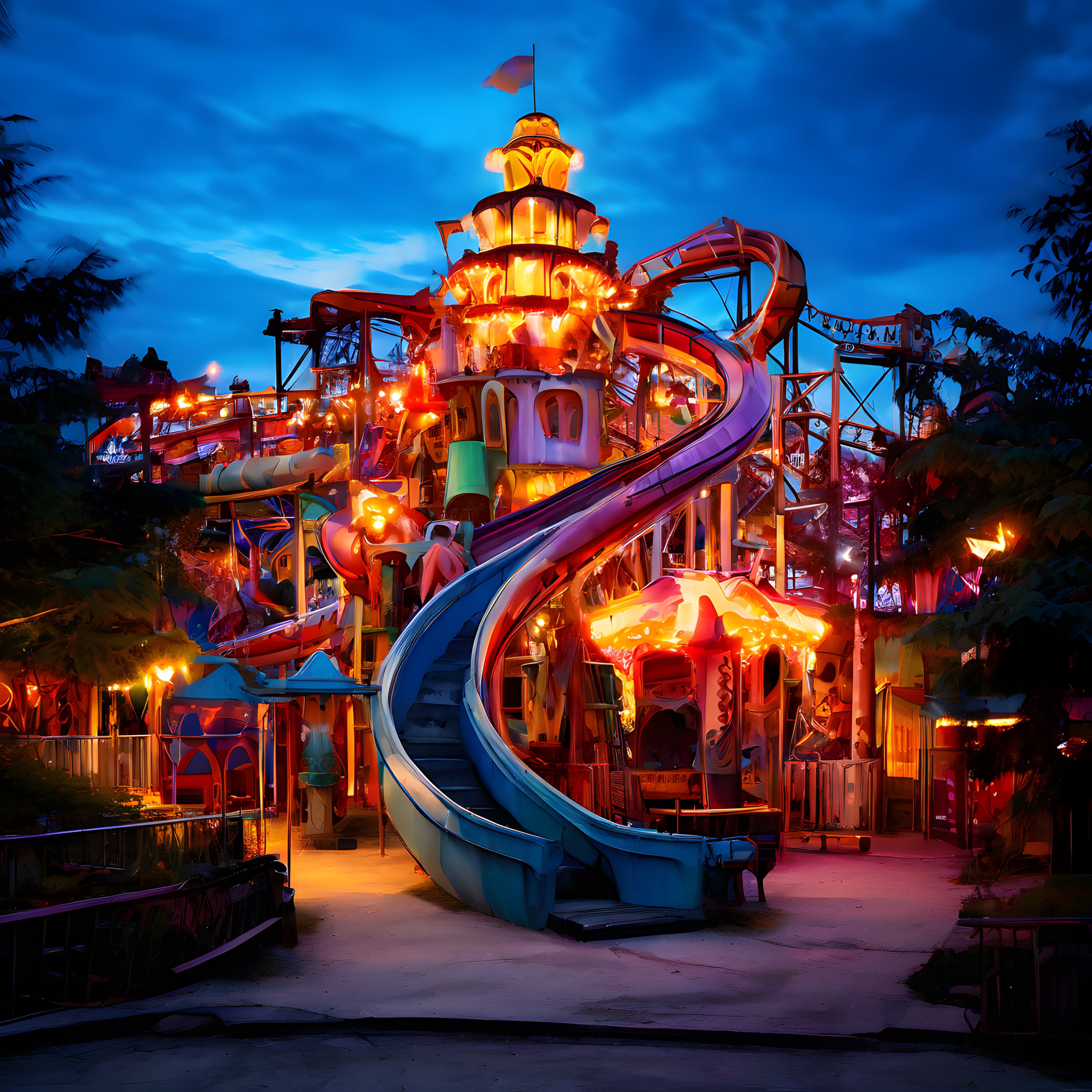Gecenin mavisi ve parıltılı ışıklarla süslenmiş fantastik lunapark kalesi