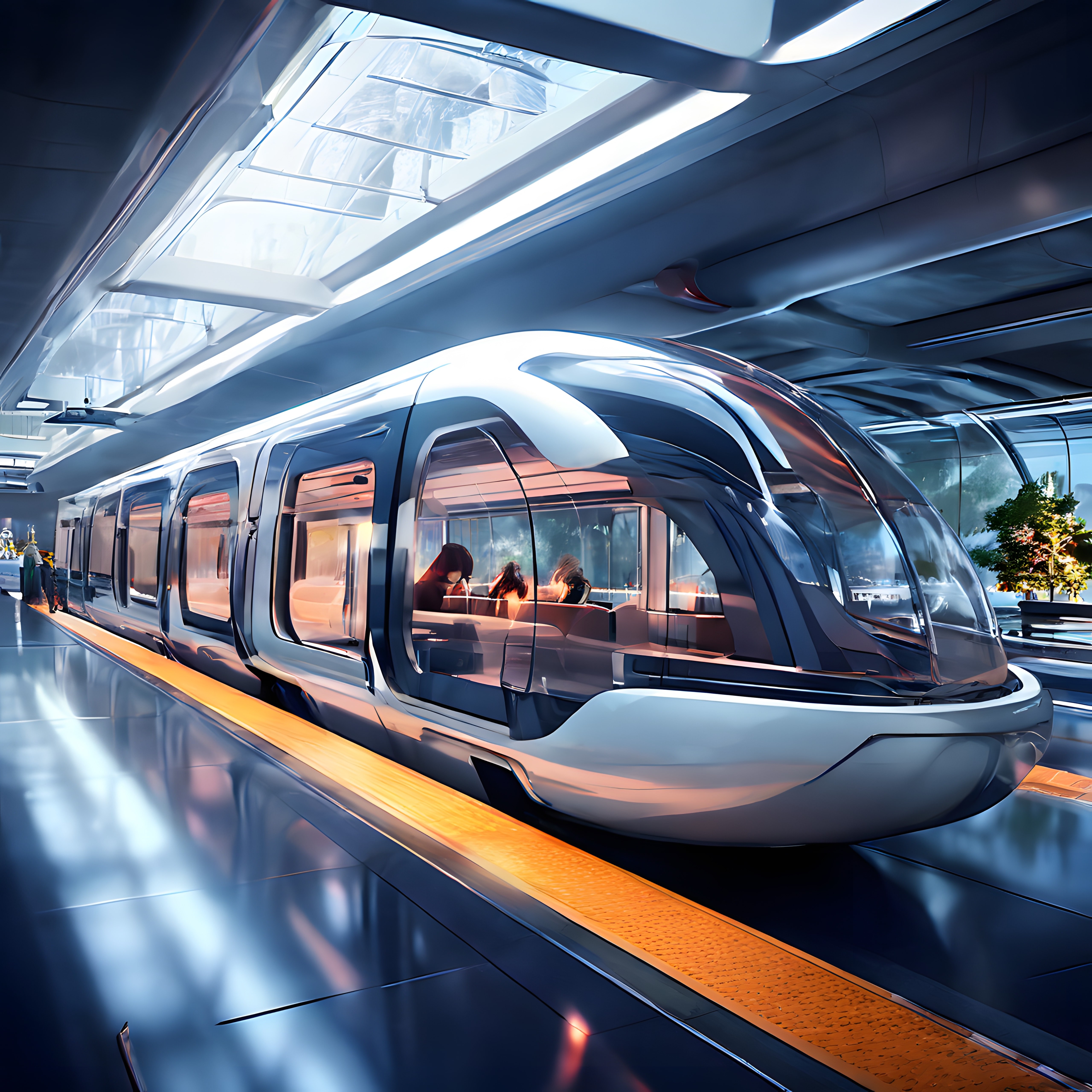 Geleceğin aerodinamik treni modern istasyonda yolculara hizmet veriyor