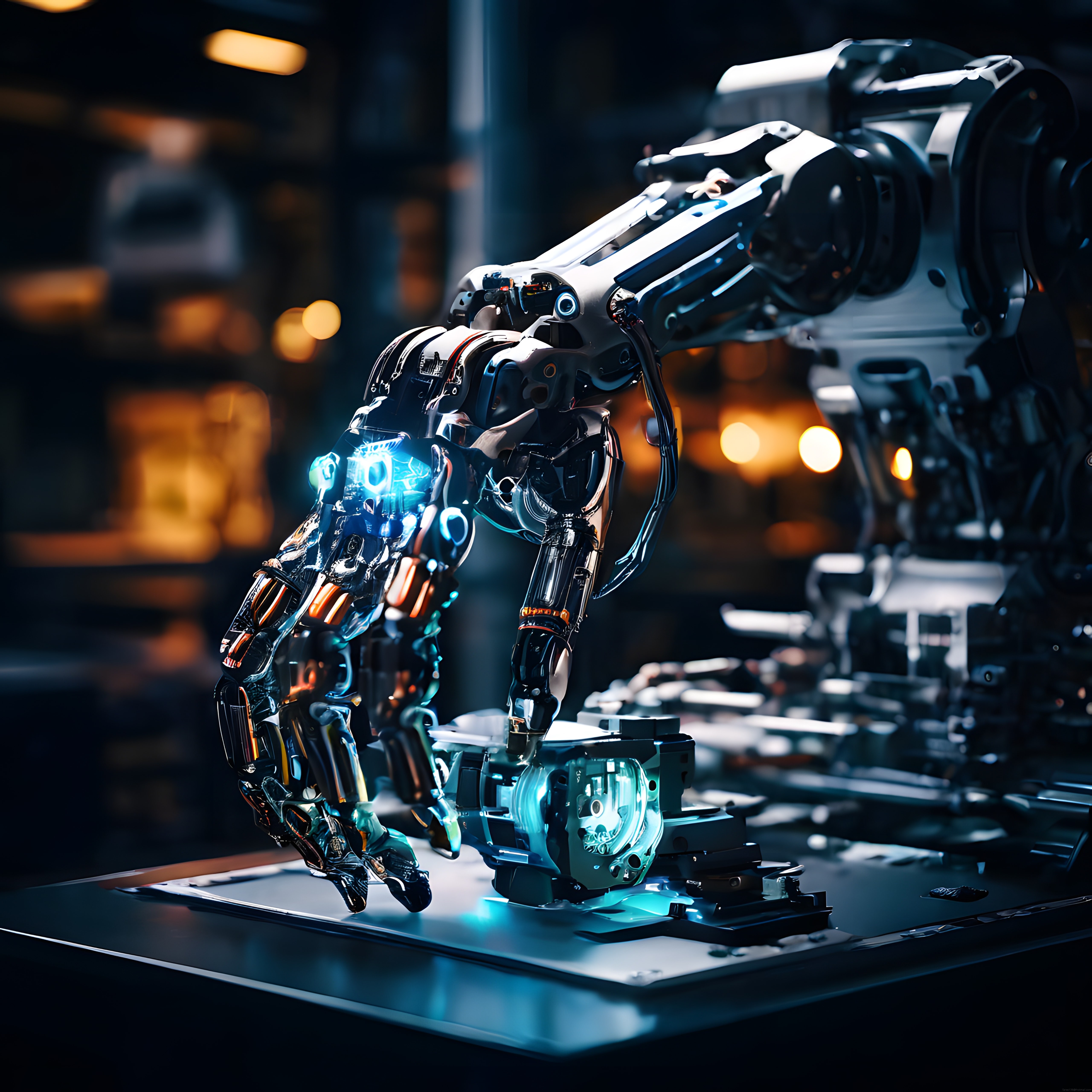 Geleceğin Akıllı Fabrikası: Mavi Işıklı Endüstriyel Robot Kol ve Hassas Üretim