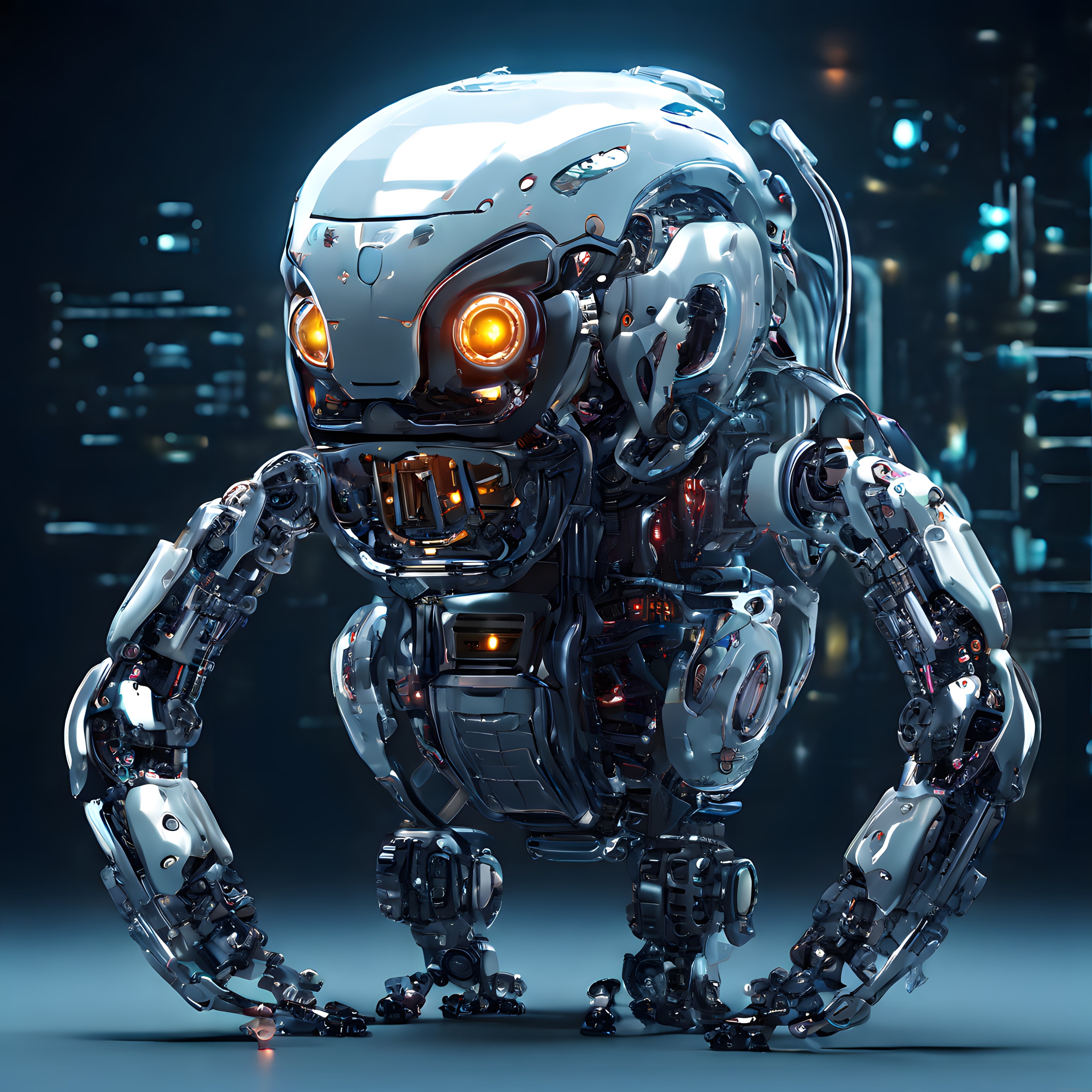 Geleceğin Arkadaşı: Şeffaf Kafalı ve Turuncu Gözlü Sevimli Robot Tasarımı