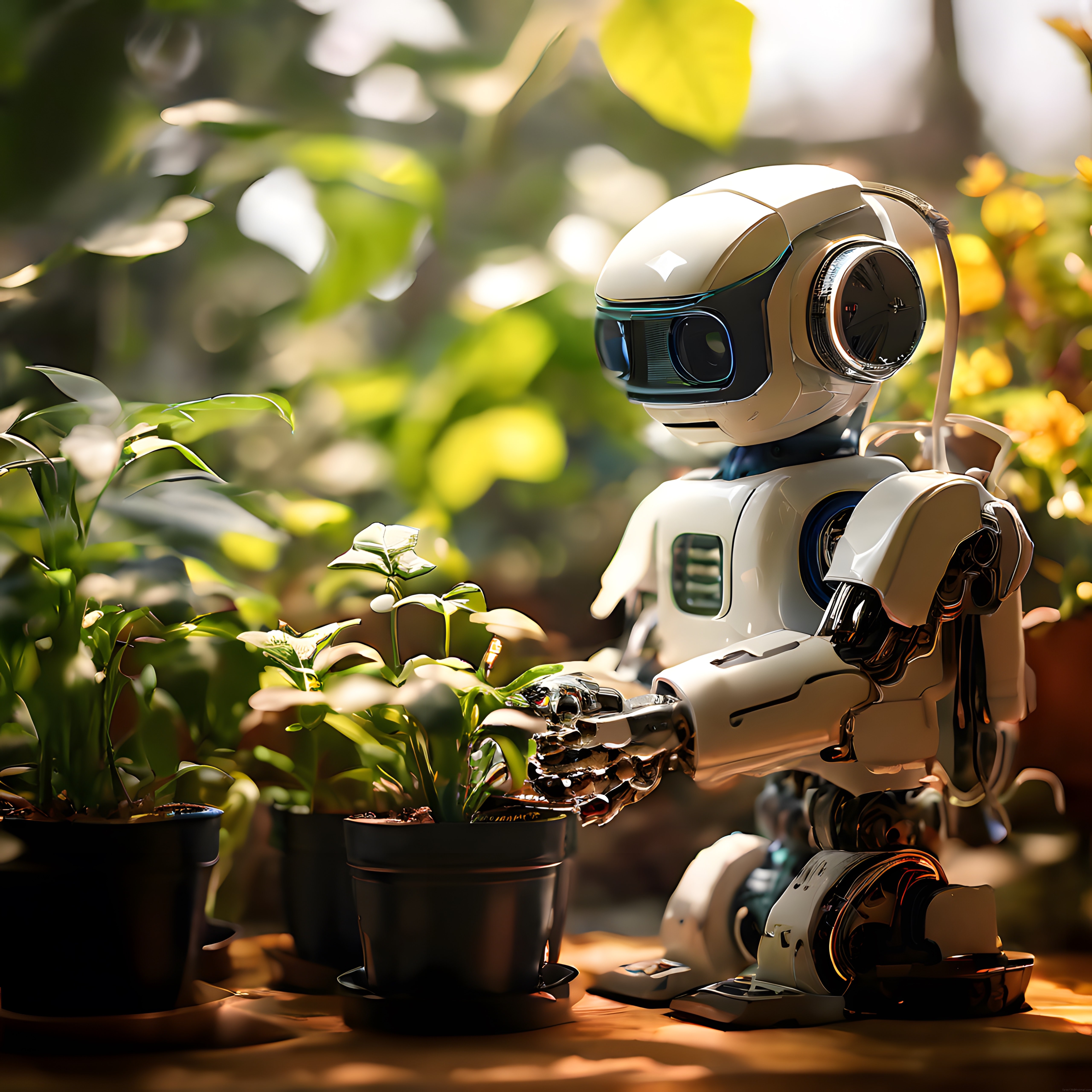 Geleceğin Bahçecisi: Sevimli Robot Saksıdaki Bitkiyi İnceliyor