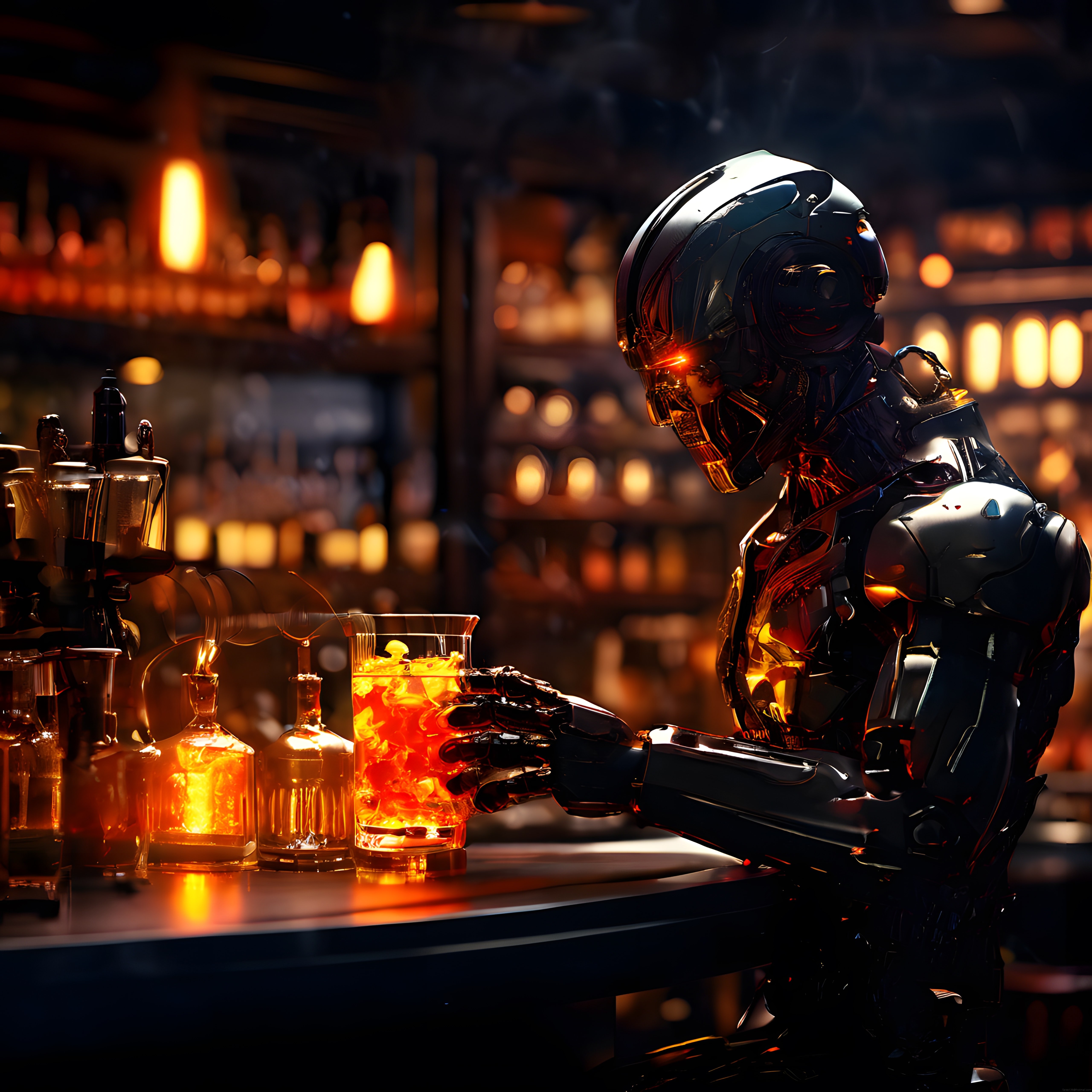 Geleceğin Barmeni: Cyberpunk Robot Karanlık Barda Işıltılı Kokteyl Hazırlıyor