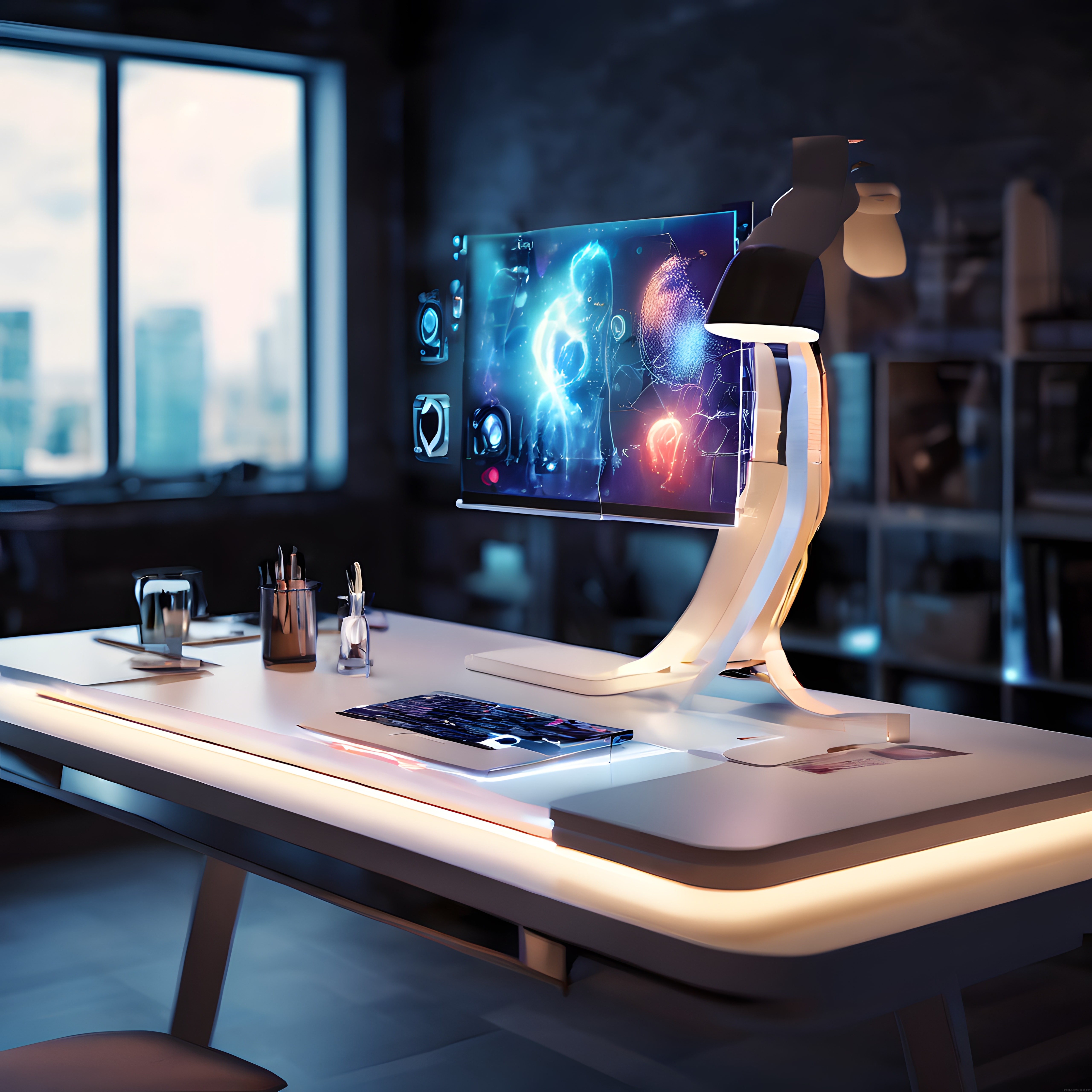 Geleceğin Çalışma İstasyonu: Holografik Ekranlı Minimalist Teknoloji Masası