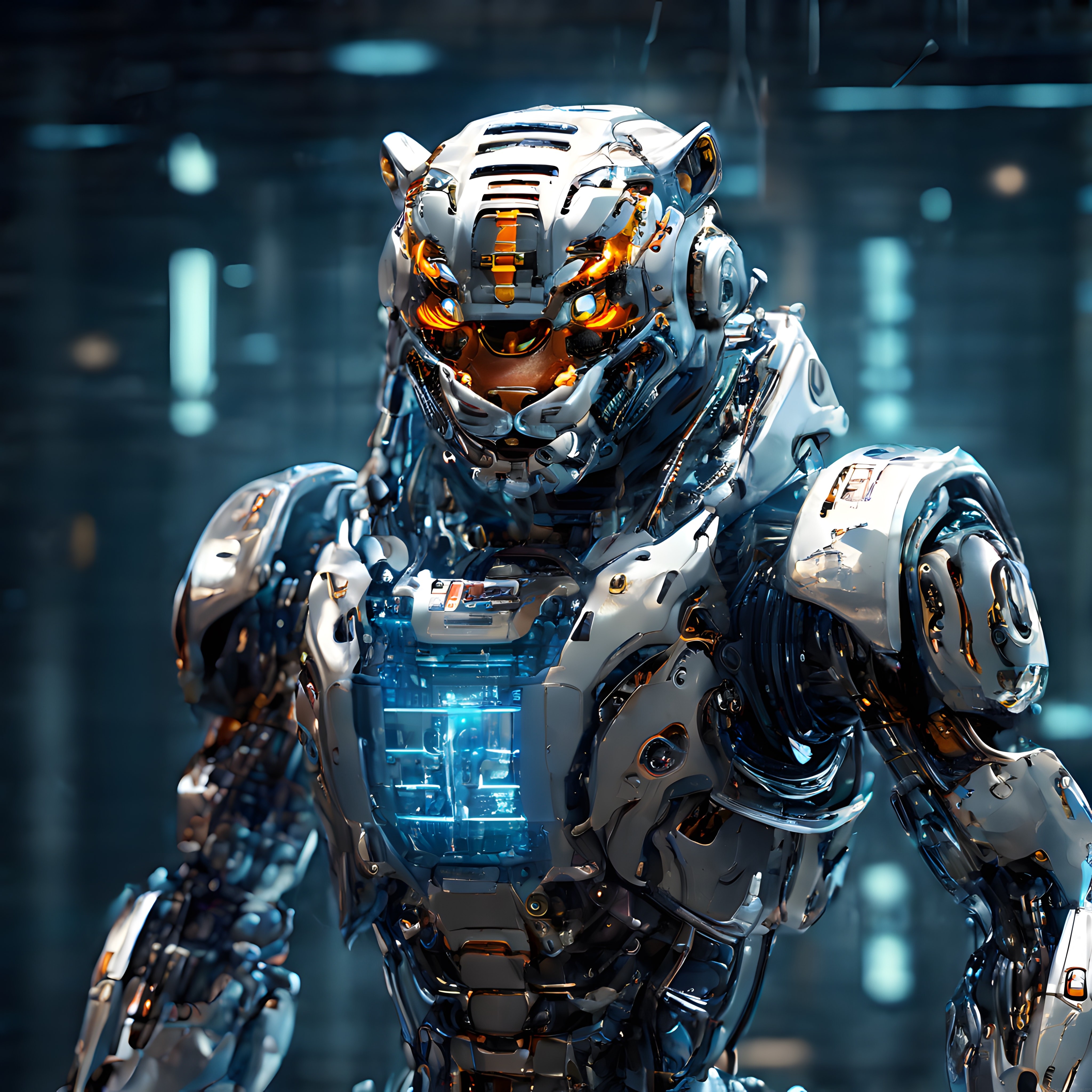 Geleceğin Çelik Kaplanı: Parlayan Turuncu Gözleriyle Cyberpunk Robot