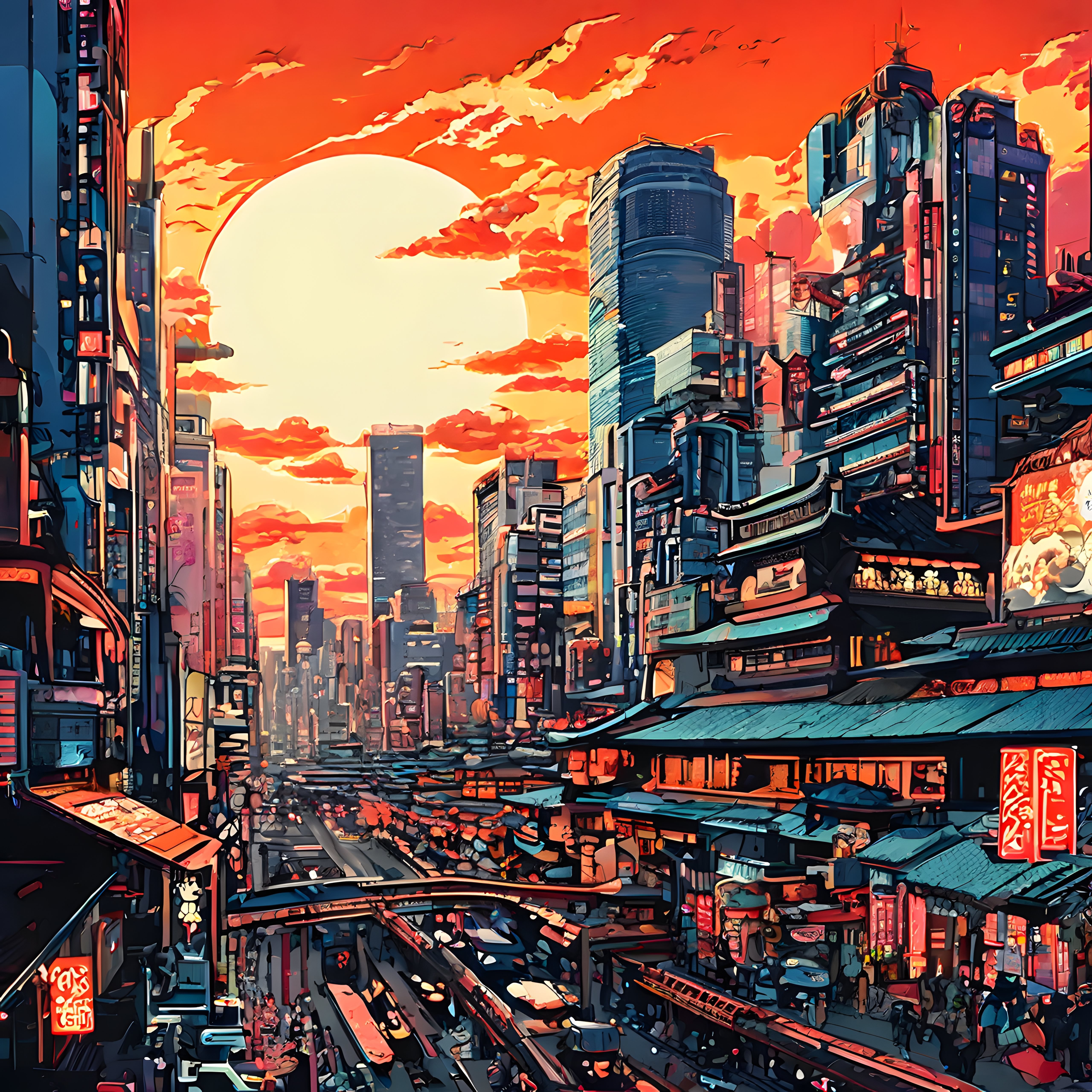 Geleceğin cyberpunk metropolünde kızıl gün batımı ve neon ışıklı gökdelenler