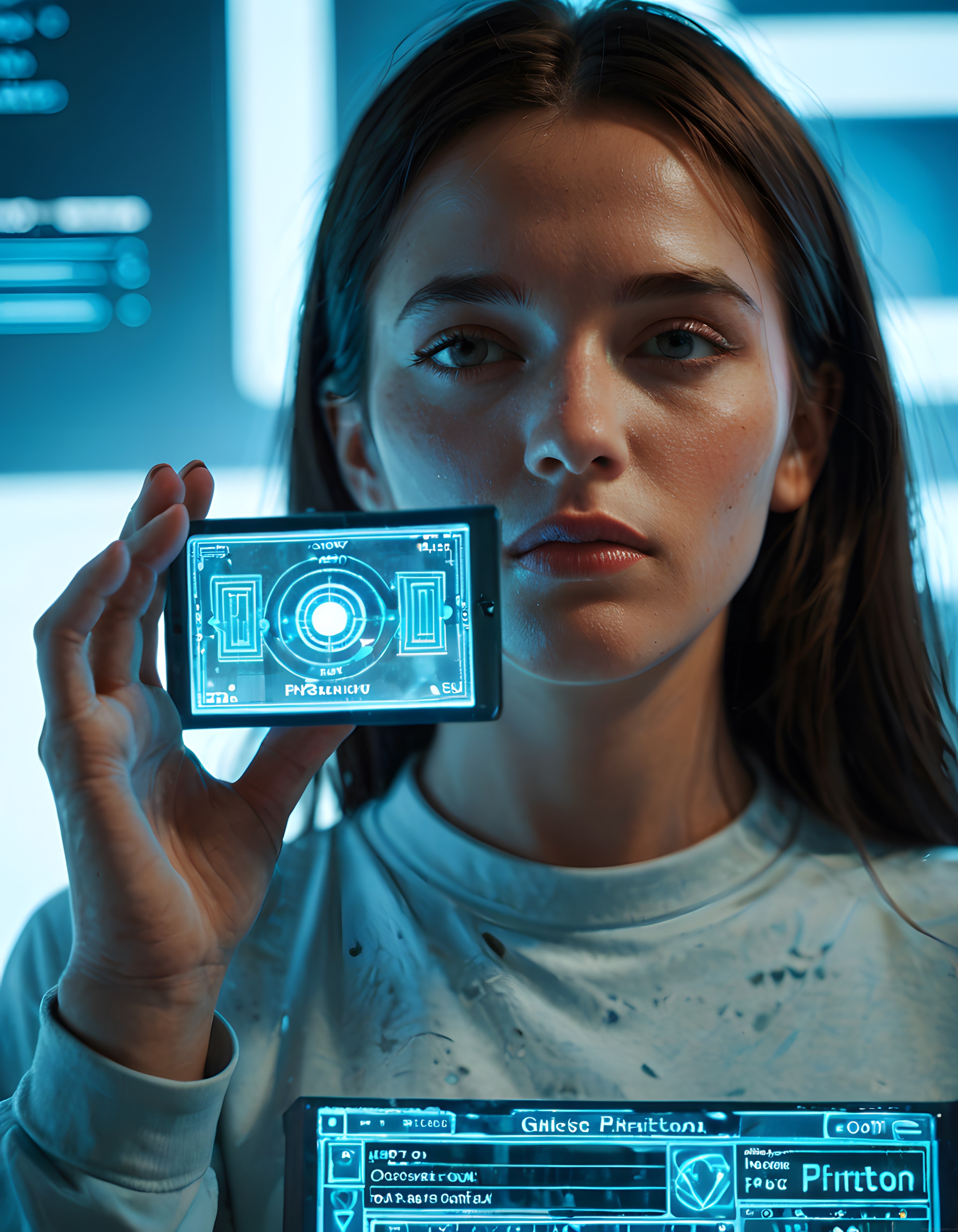 Geleceğin Dijital Dünyasında Hologram Cihaz Tutan Genç Kadın Portresi