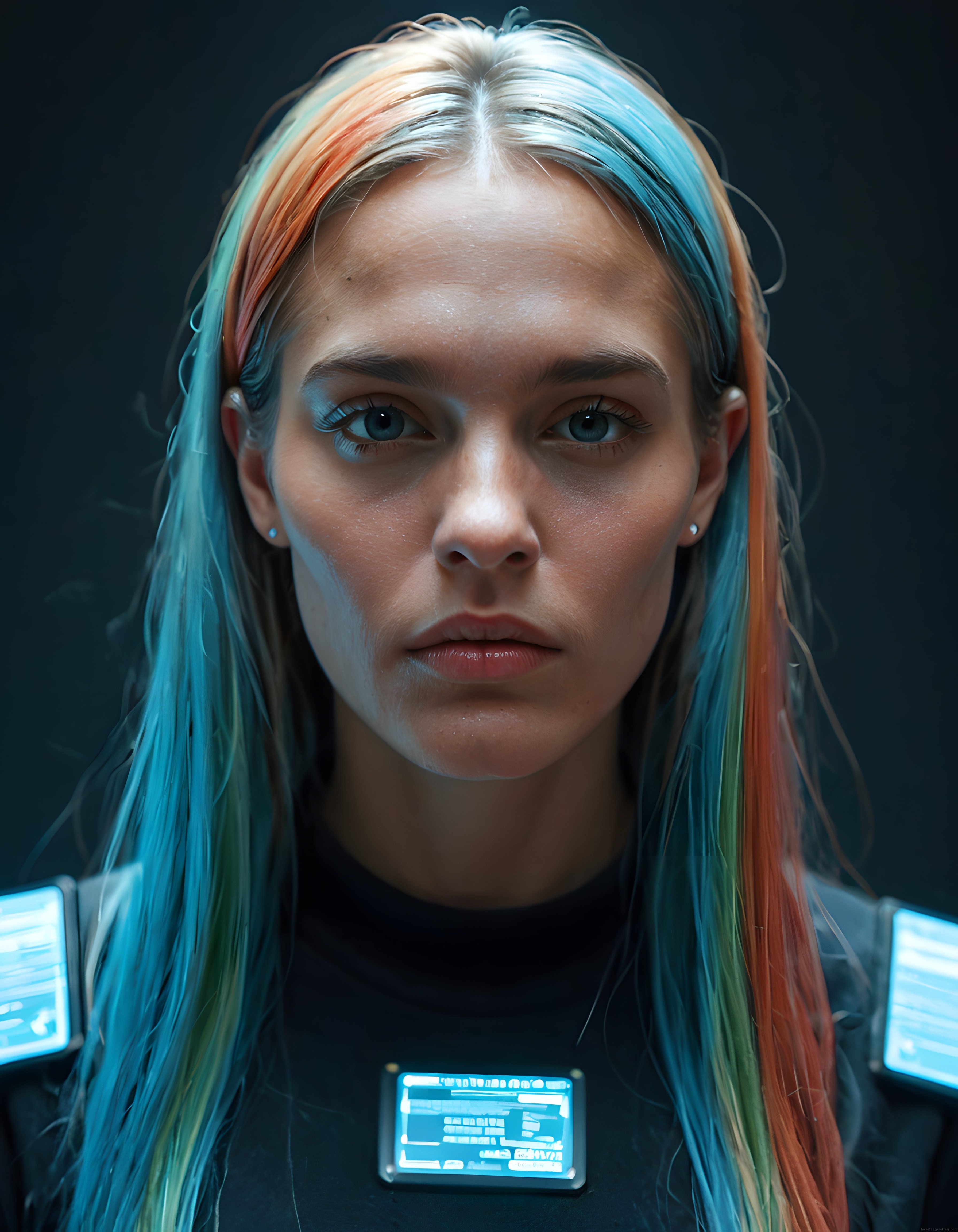 Geleceğin Dijital Estetiği: Renkli Saçlı Cyberpunk Kadın Portresi