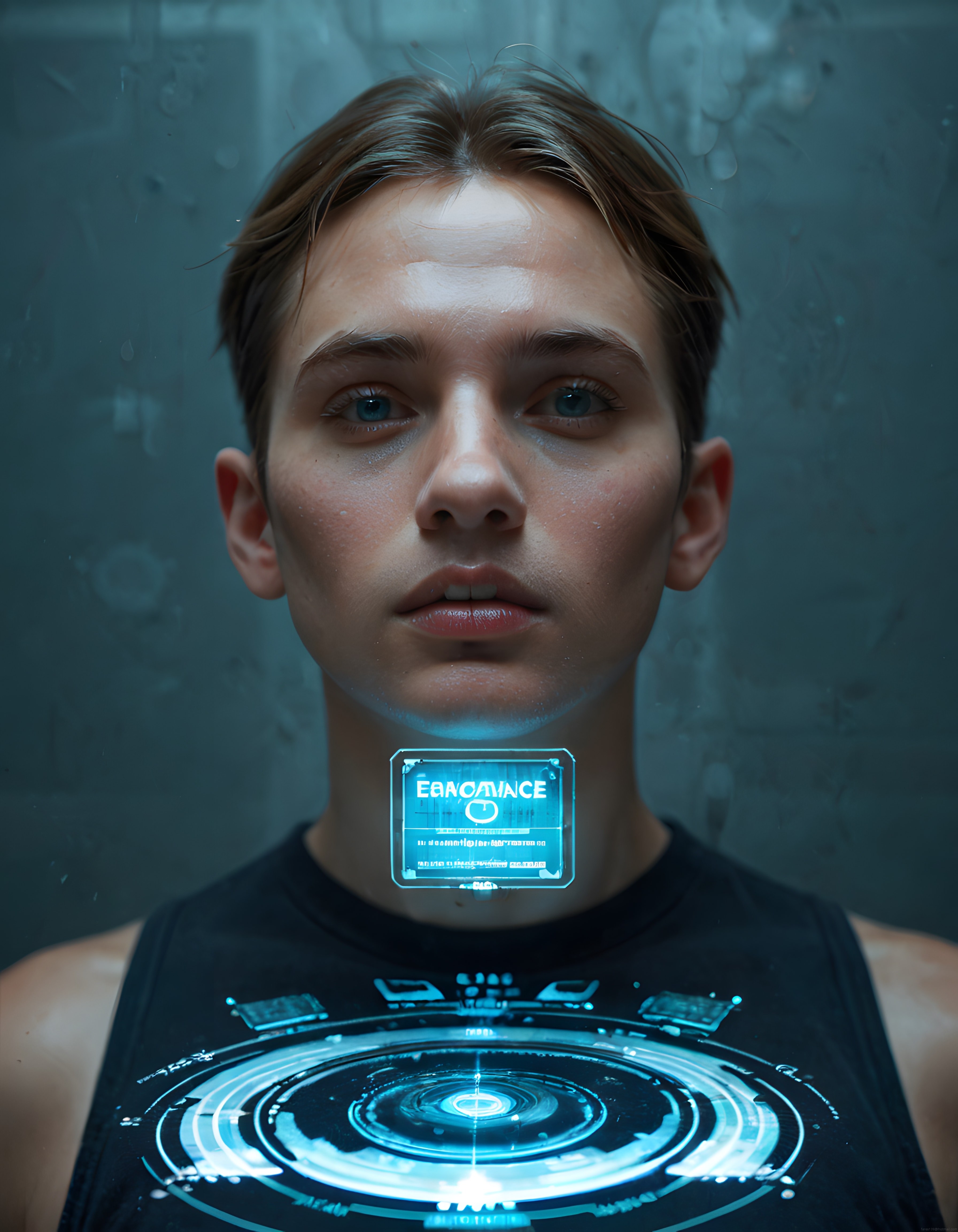 Geleceğin dijital kimliği: Holografik çip ve arayüzle cyberpunk insan portresi