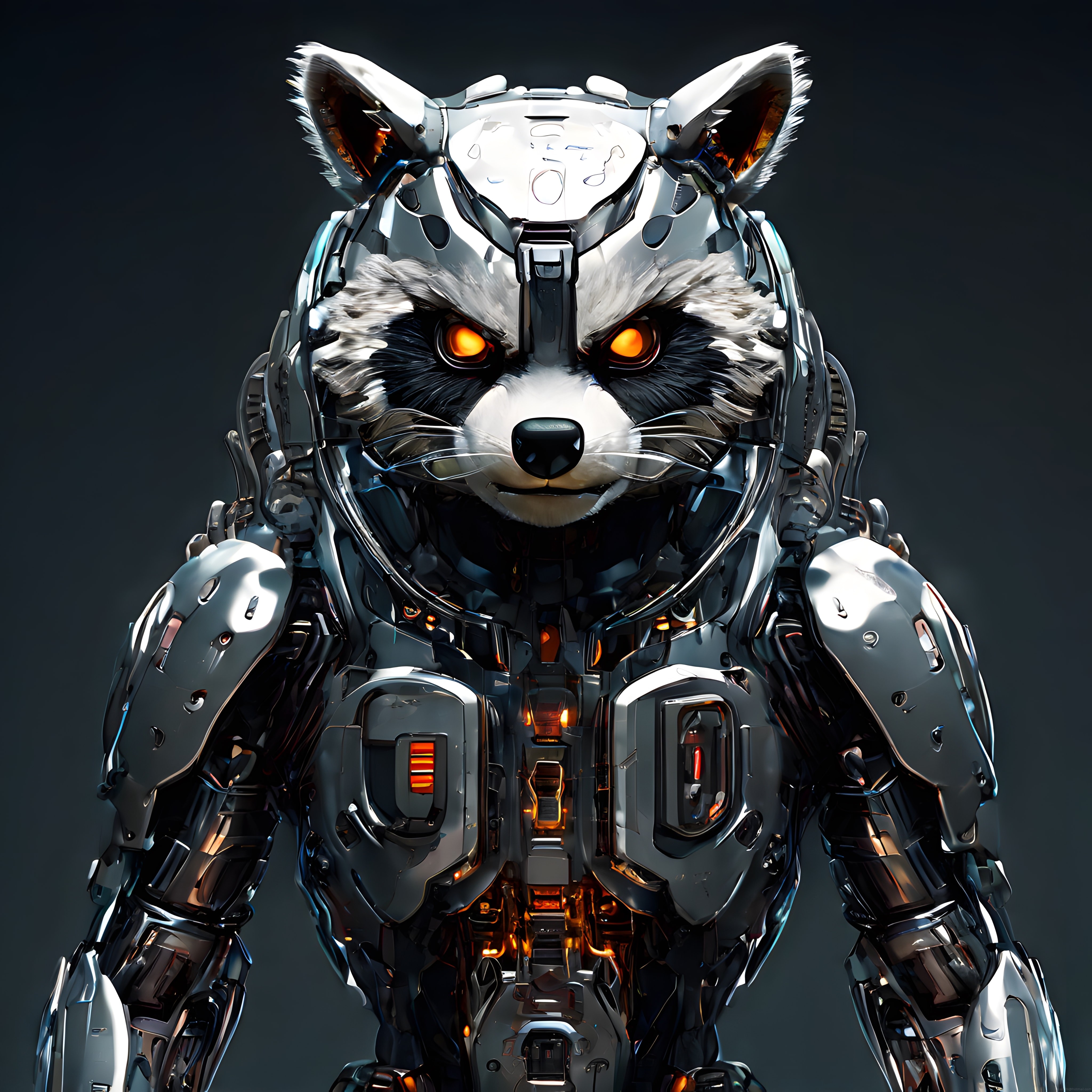 Geleceğin Dijital Muhafızı: Krom Zırhlı Cyborg Rakun Portresi