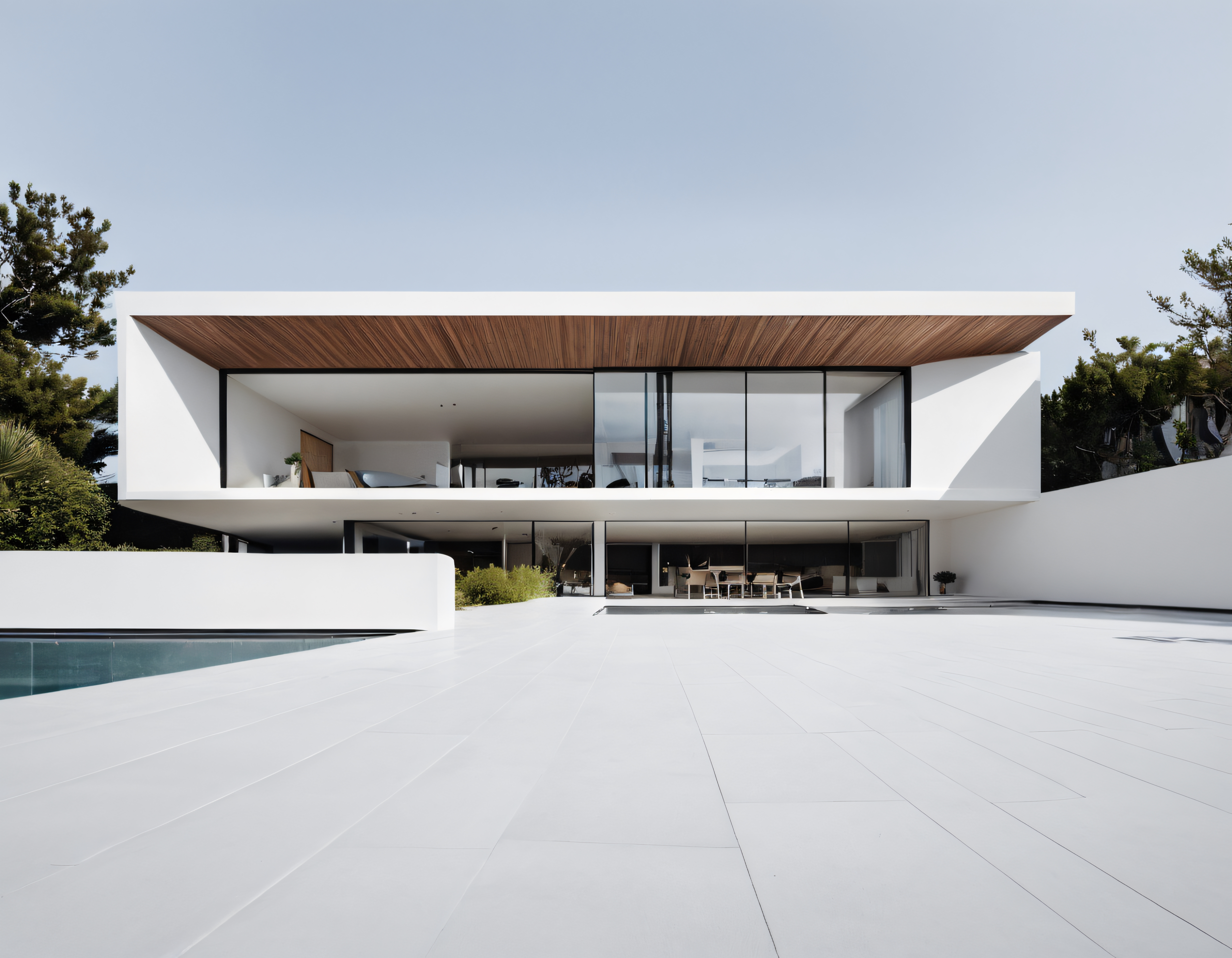 Geleceğin Evi: Minimalist Cam Cephe, Havuzlu Bahçe ve Ahşap Tavan Detayları