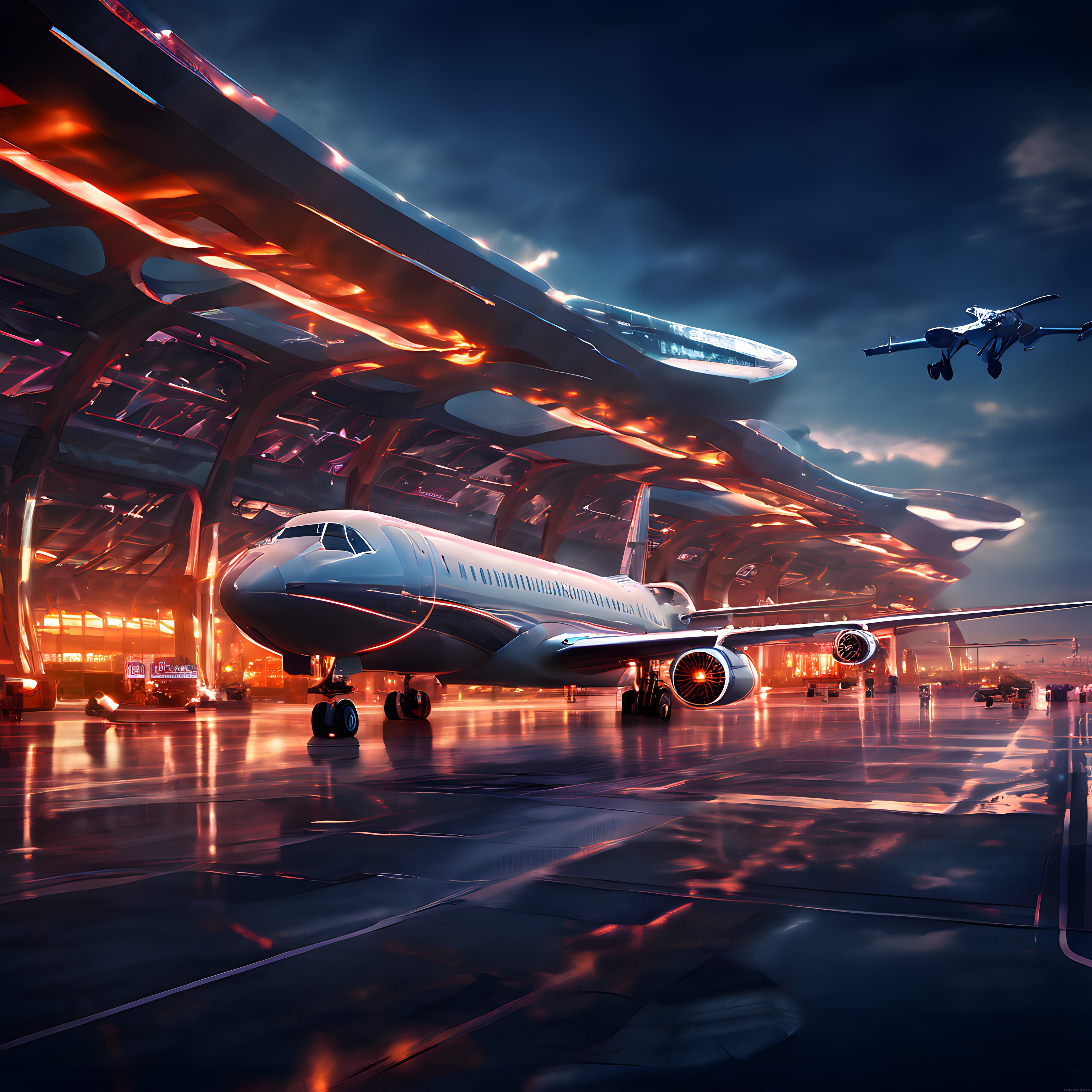 Geleceğin Fütüristik Havalimanında Ticari Yolcu Uçağı ve Neon Işıklı Terminal